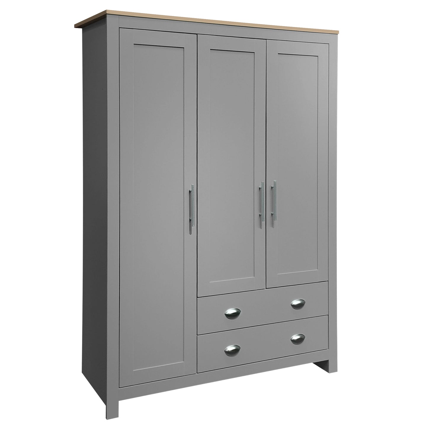 3 - Door Gray Storage Wardrobe: 2 Drawers, 2 Hanging Rods for Organized Storage