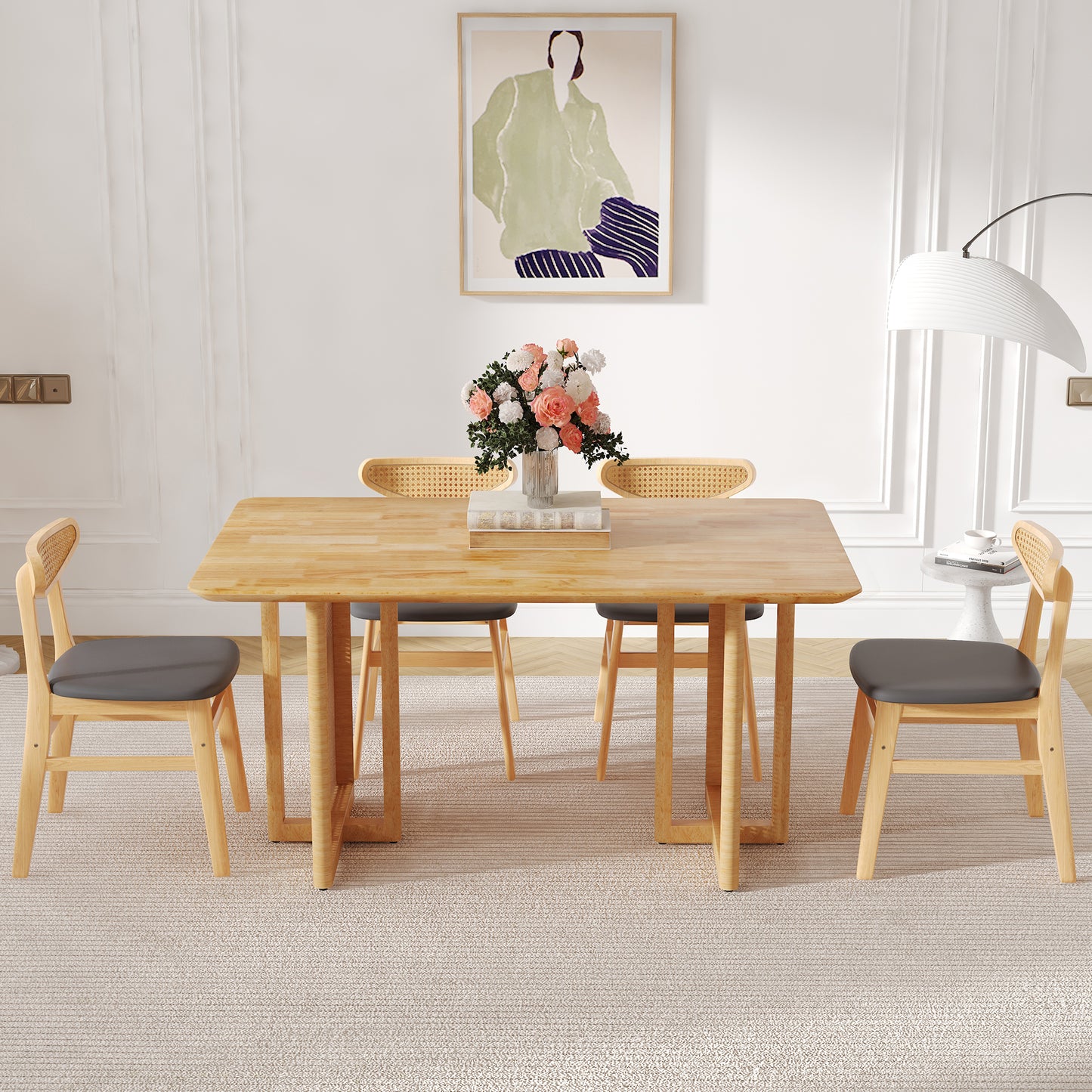 Ancient Style Solid Wood Dining Table Set: Imitation Rattan Legs, 4 - 6 Rubberwood Chairs