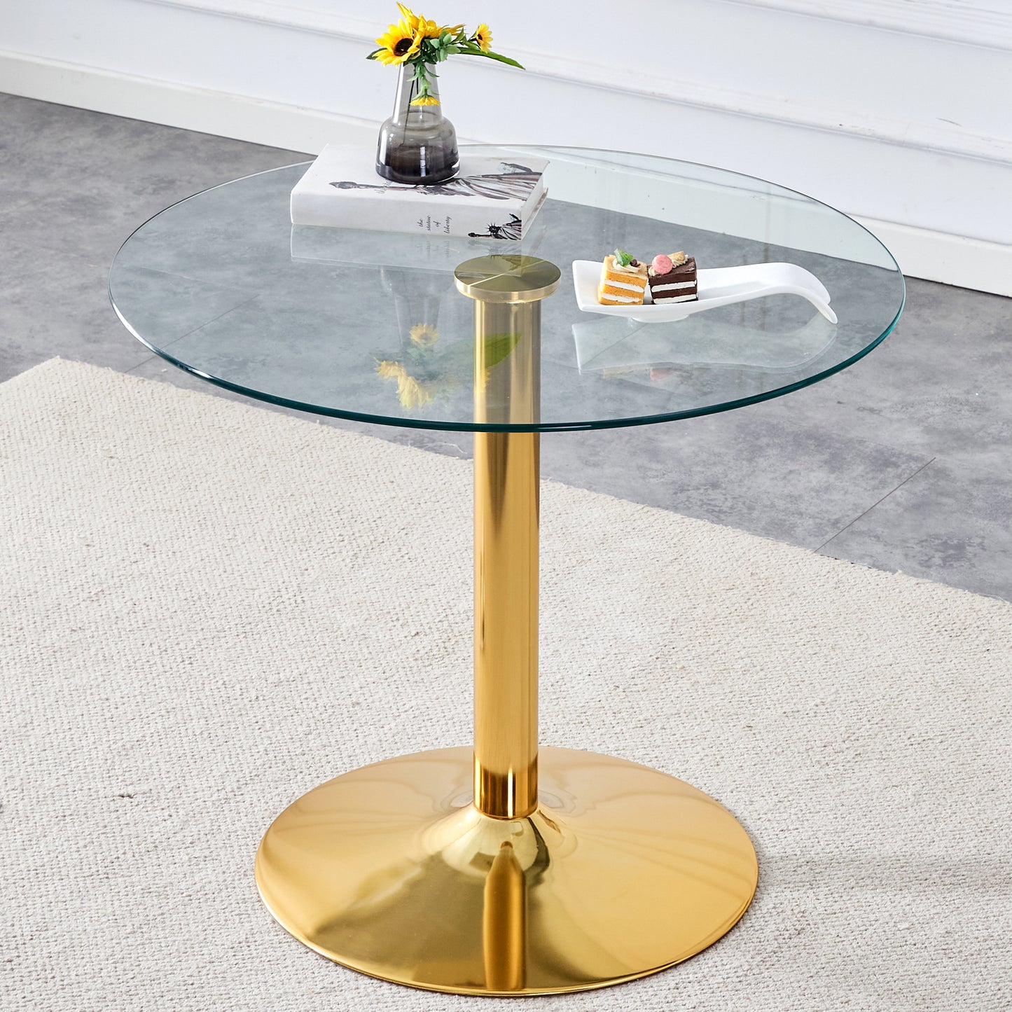 Modern Minimalist Round Dining Table - Gold Metal Legs, Diameter Glass Top for Multiple Rooms