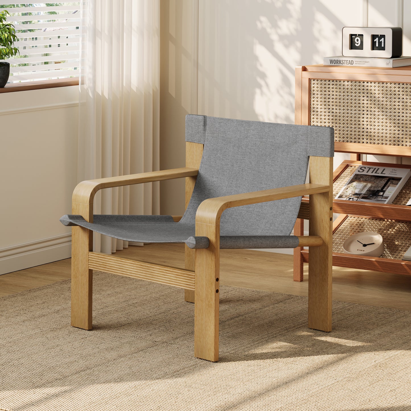 Detachable Washable Oak Accent Chair | Linen Fabric, Solid Wood Frame – Lounge Chair for Living Room, Bedroom, Office (Light Grey/Dark Grey)
