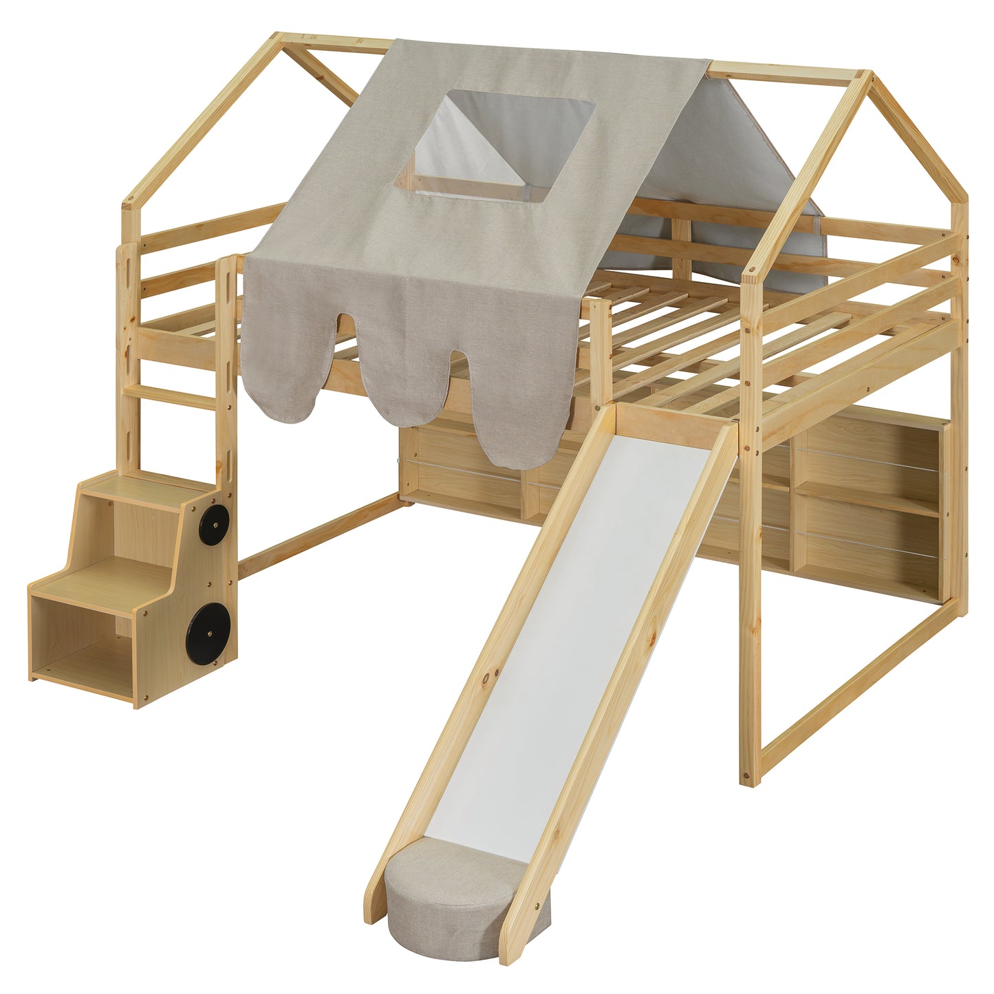 Wooden Loft Bed with House - Shaped Frame and Tent: Ideal for Kids' Rooms