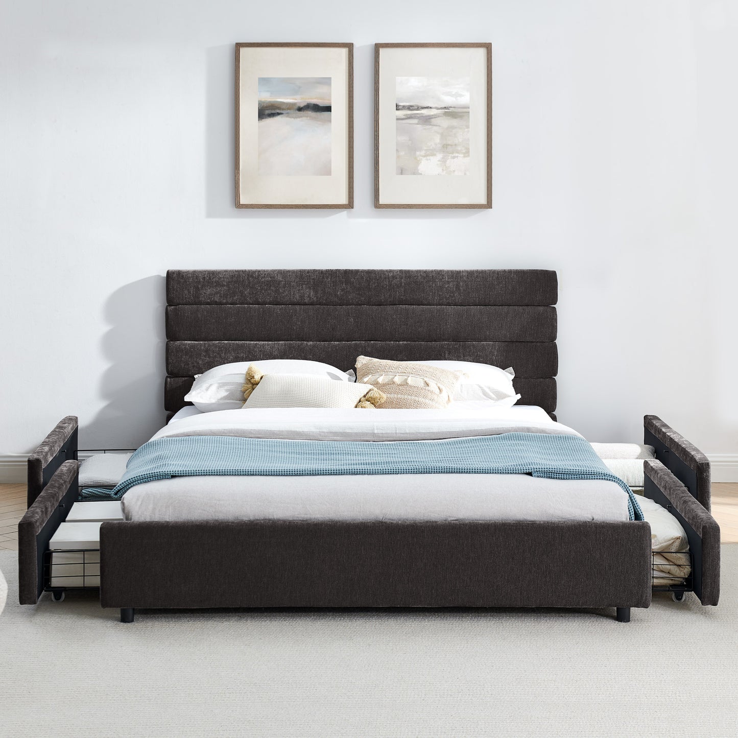 Comfortable Cushioned Bed Frame with Drawers: Headboard & Solid Build 3Colors