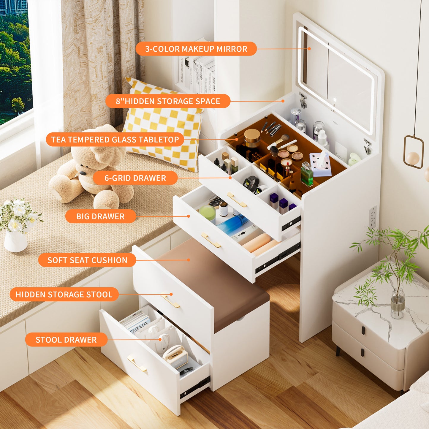 23.6'' Wide Makeup Vanity Table: Flip - Top Lighted, 3 - in - 1 with Storage Stool, Glass, LED, Power Outlet