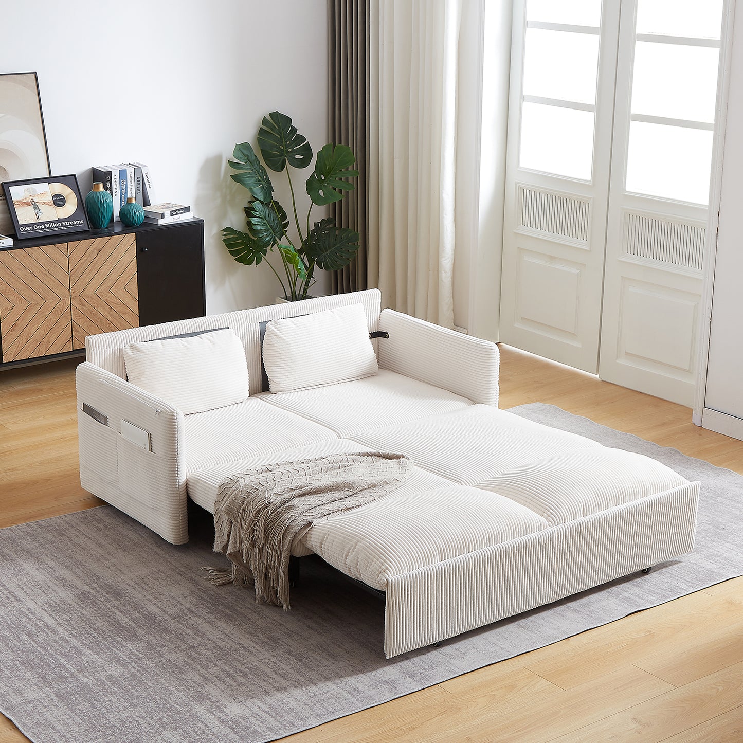 Sleeper Sofa Bed 3-in-1 Adjustable Sleeper with Pullout Bed, 2 Pillows and Side Pockets – Corduroy Loveseat