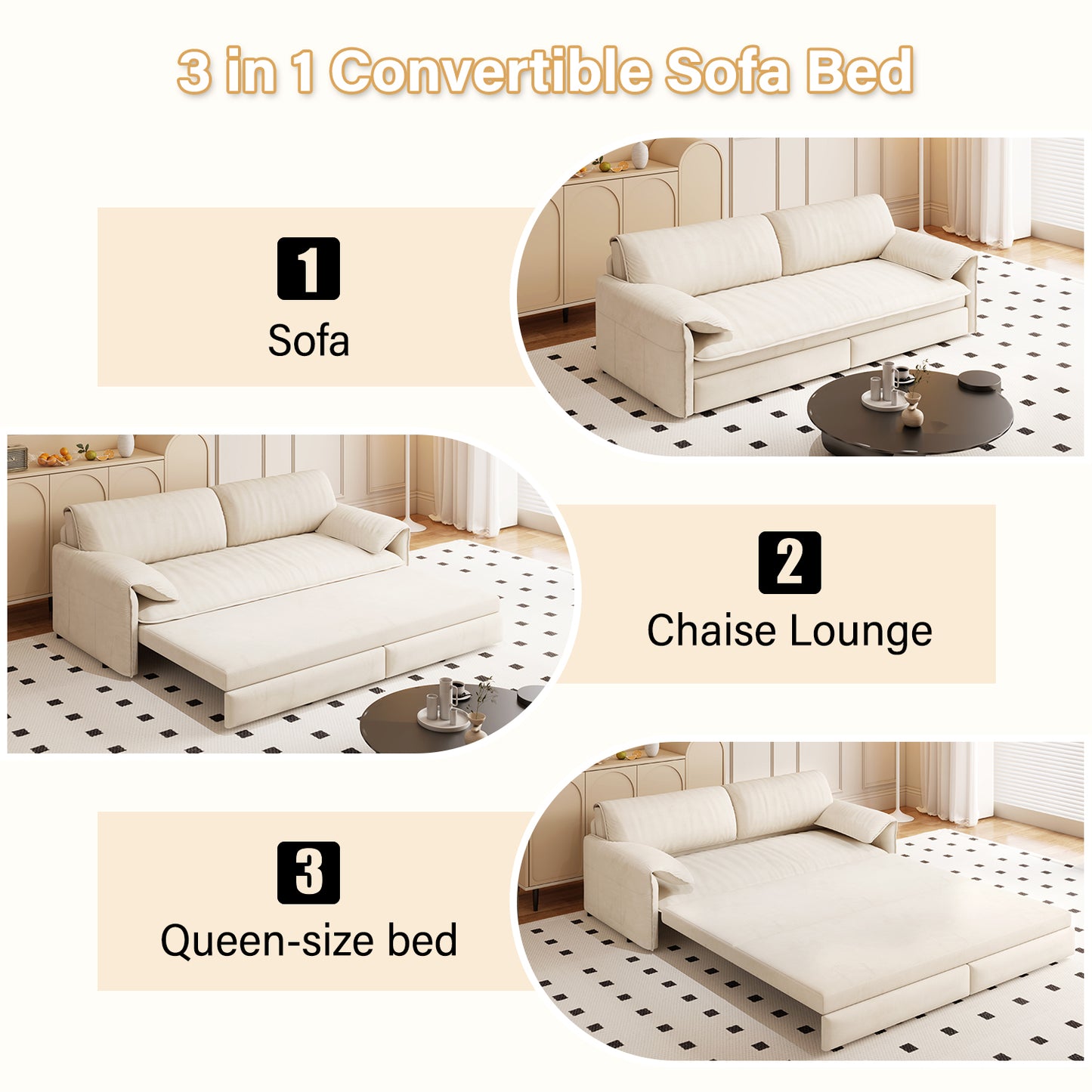 66" Queen Pull - Out Sofa Bed: 3 - in - 1 Convertible with Side Storage for Living