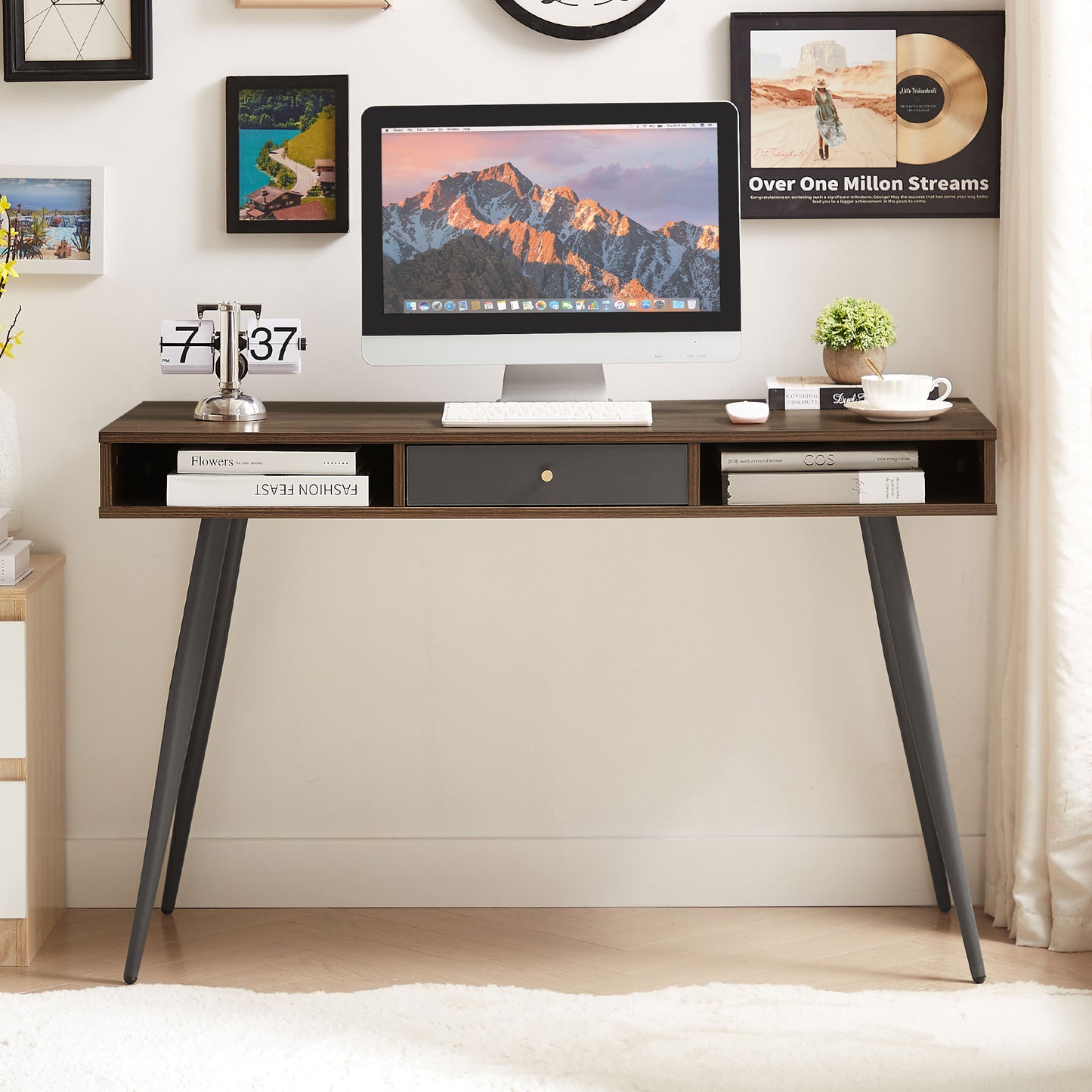 Mid - Century Modern Desk: USB Ports, Power Outlet, Drawers for Home Office