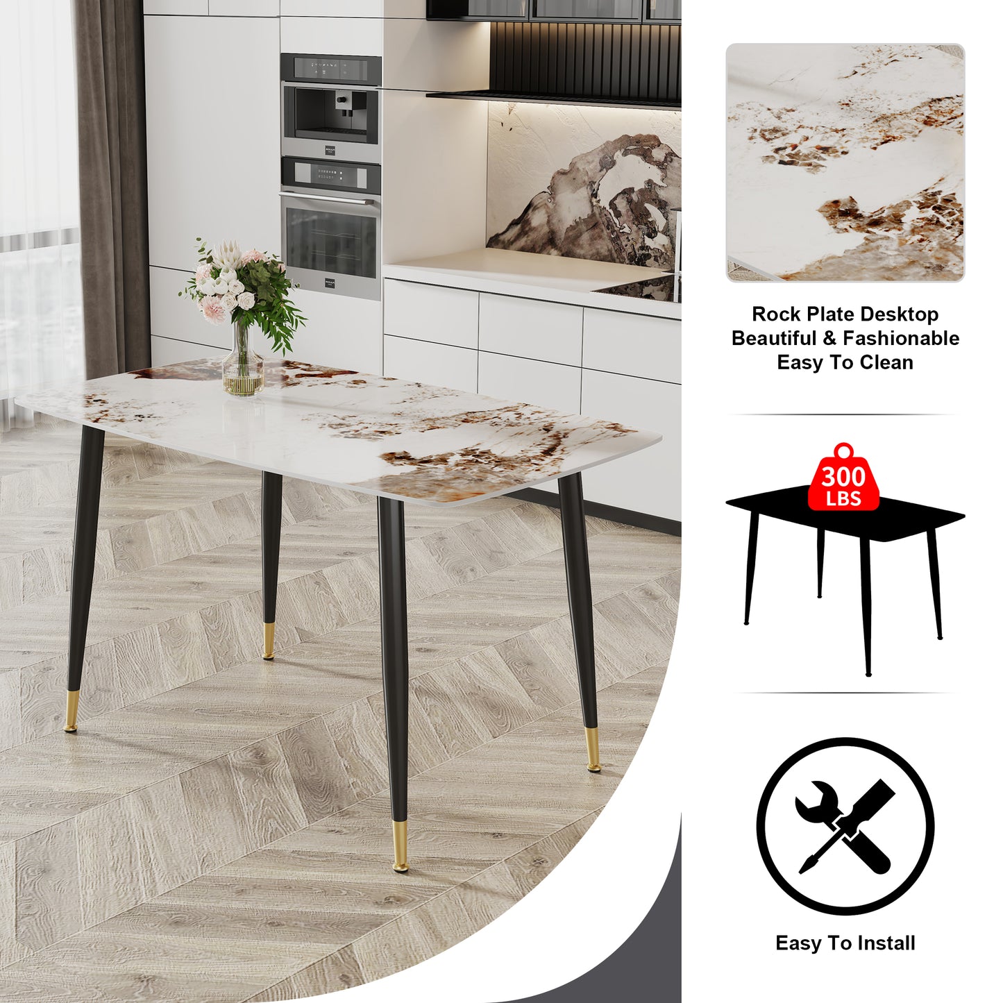 Modern minimalist dining table. A patterned SINTERED STONE tabletop with black metal legs