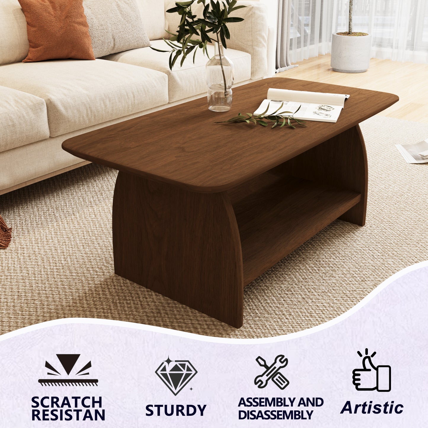 Double-layer rectangular coffee table with storage function, rounded corner design, MDF material