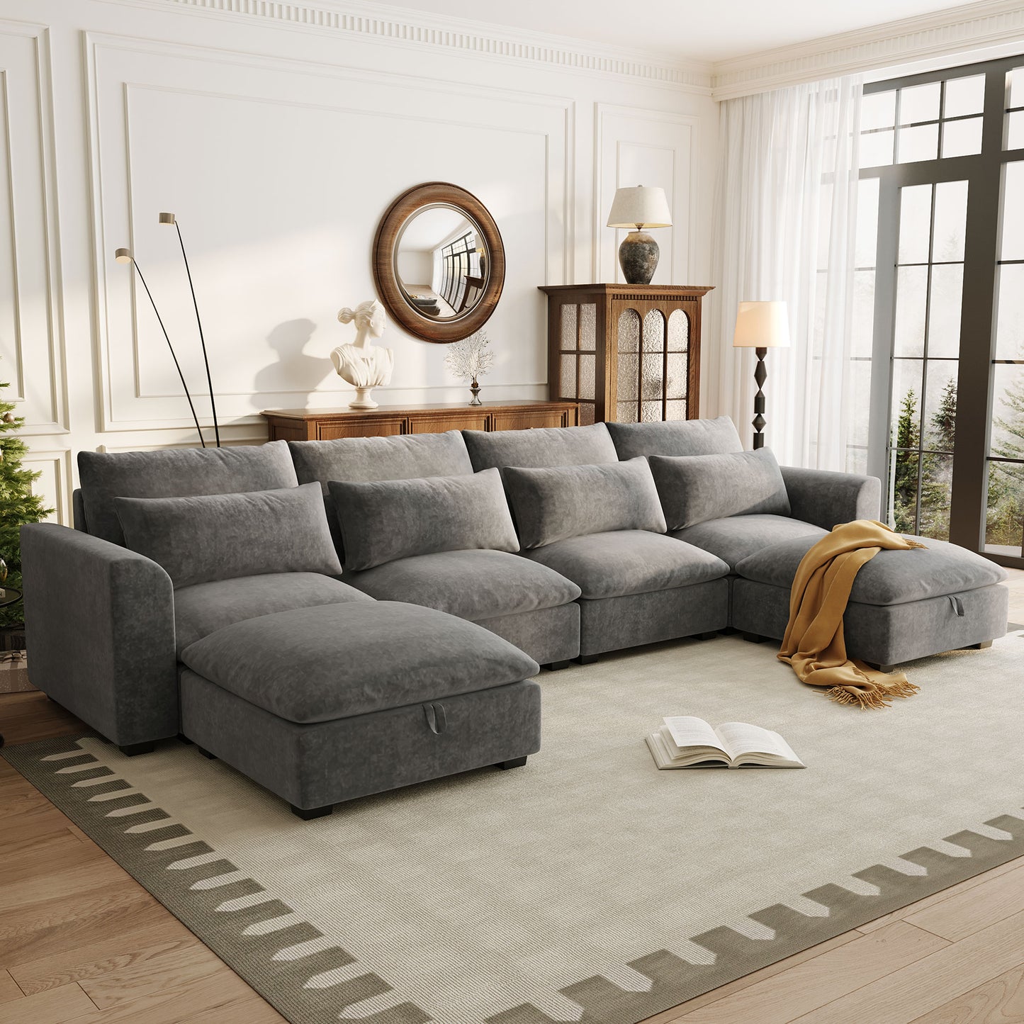 132"U - shaped Freely Transformable Modular Corner Sofa with 2 Ottomans: Ideal for Living Rooms