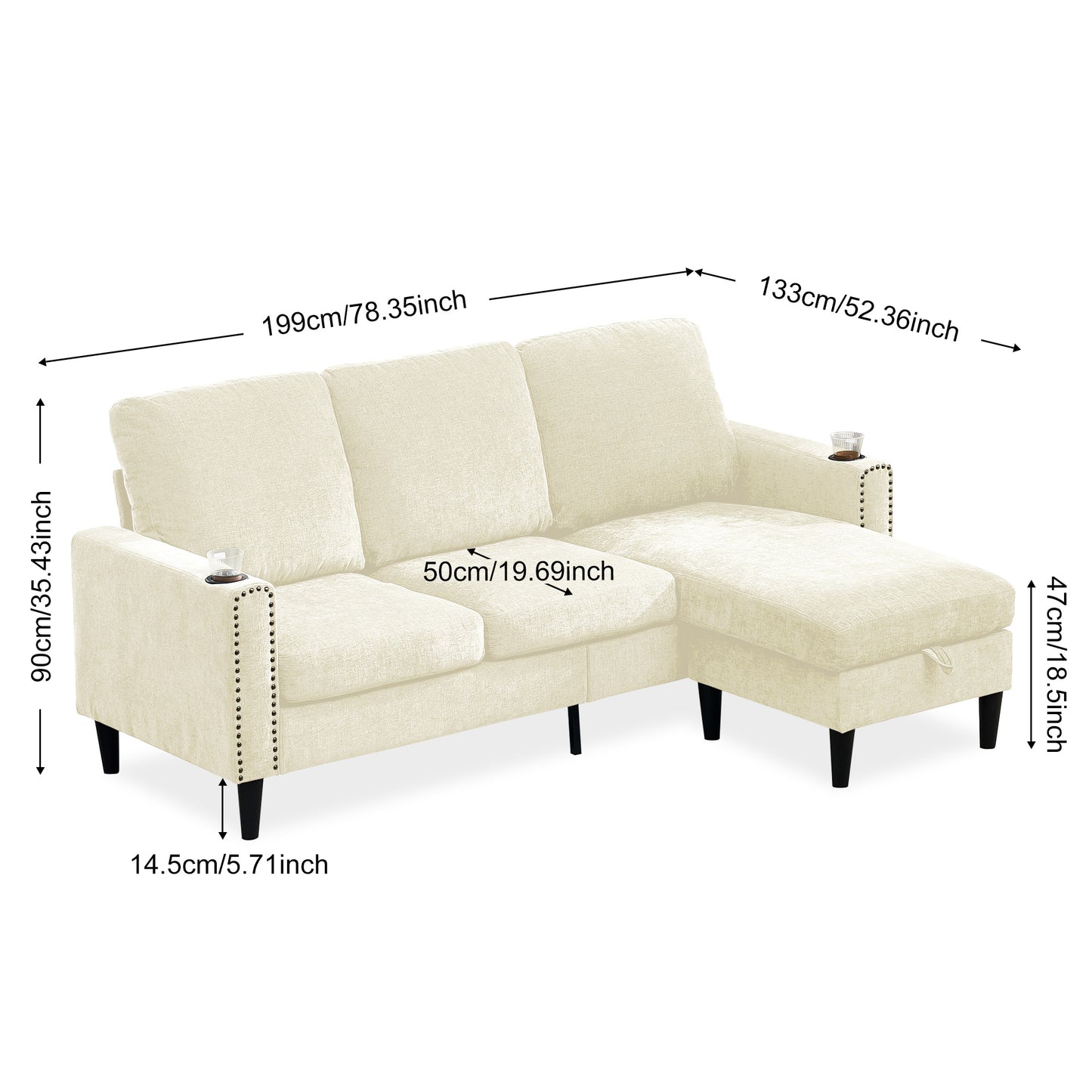 Chenille 3 Seat L-Shape Sectional Sofa with Storage Chaise