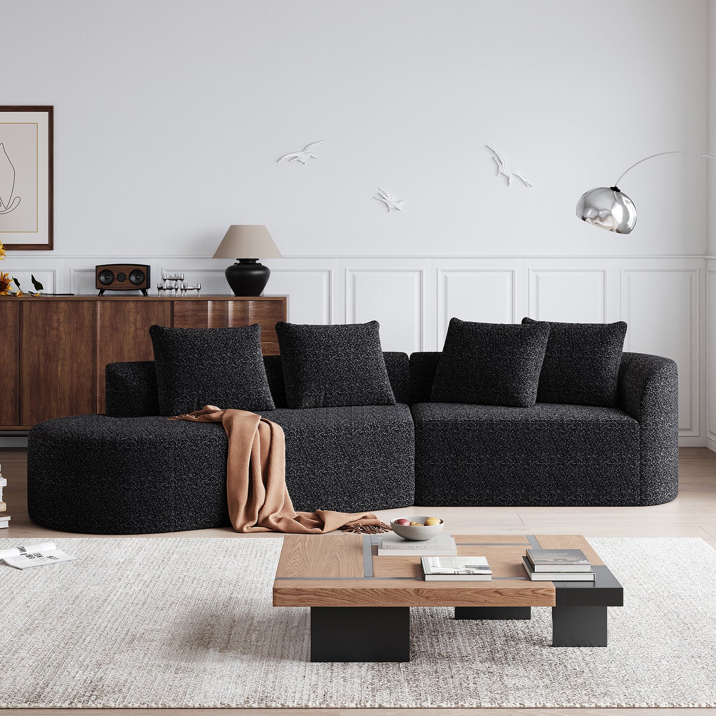 Extra Deep & Wide Seat Curved Cloud Couch with 4 Throw Pillows-3 Colors