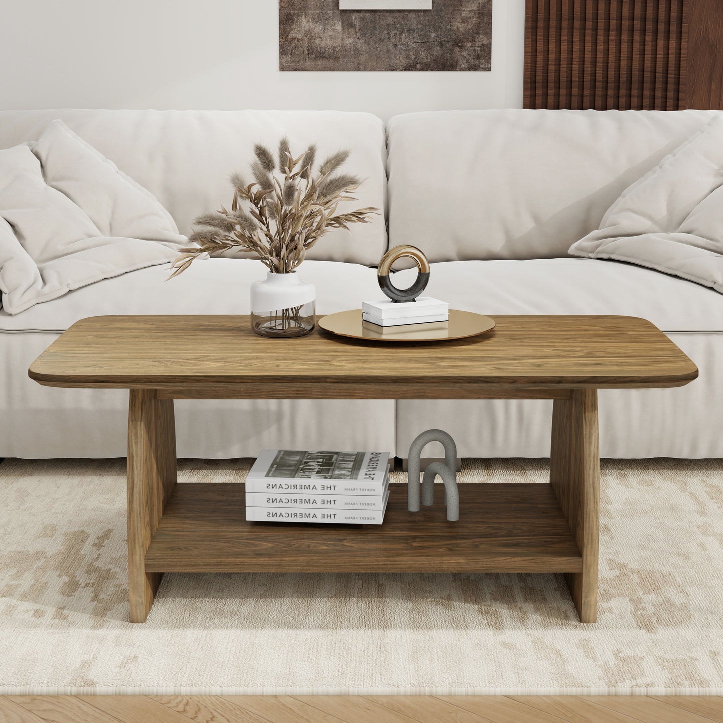 Double-layer rectangular coffee table with storage function, rounded corner design, MDF material