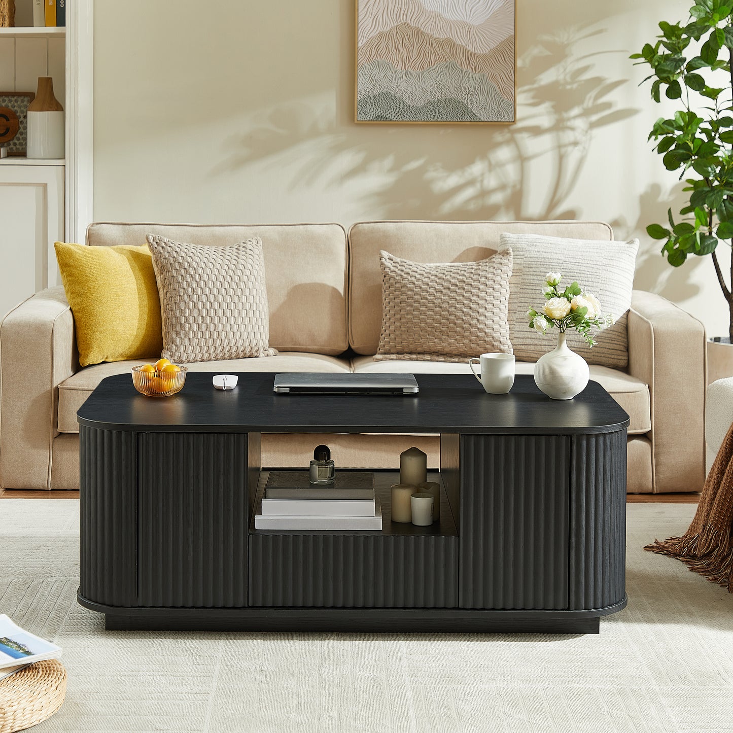 Modern Luxury Oval Coffee Table with Drawers & Storage – Curved Contour Design, Living Room Center Table