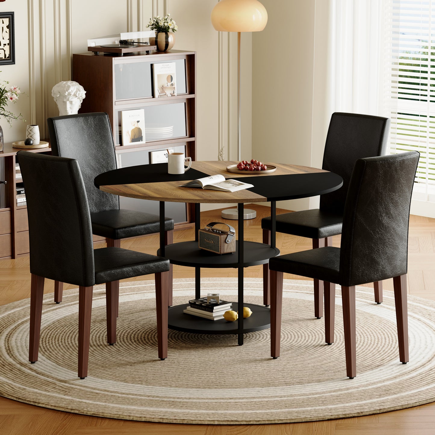 47.3 - Inch Spliced - Color Circular Dining Table Set: 4-6 Black PU Chairs, Double - Layer Storage