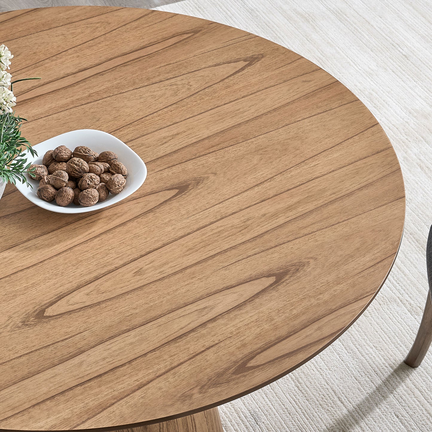 Modern Round MDF Wooden Dining Table and Boucle Upholstered Chair Ensemble