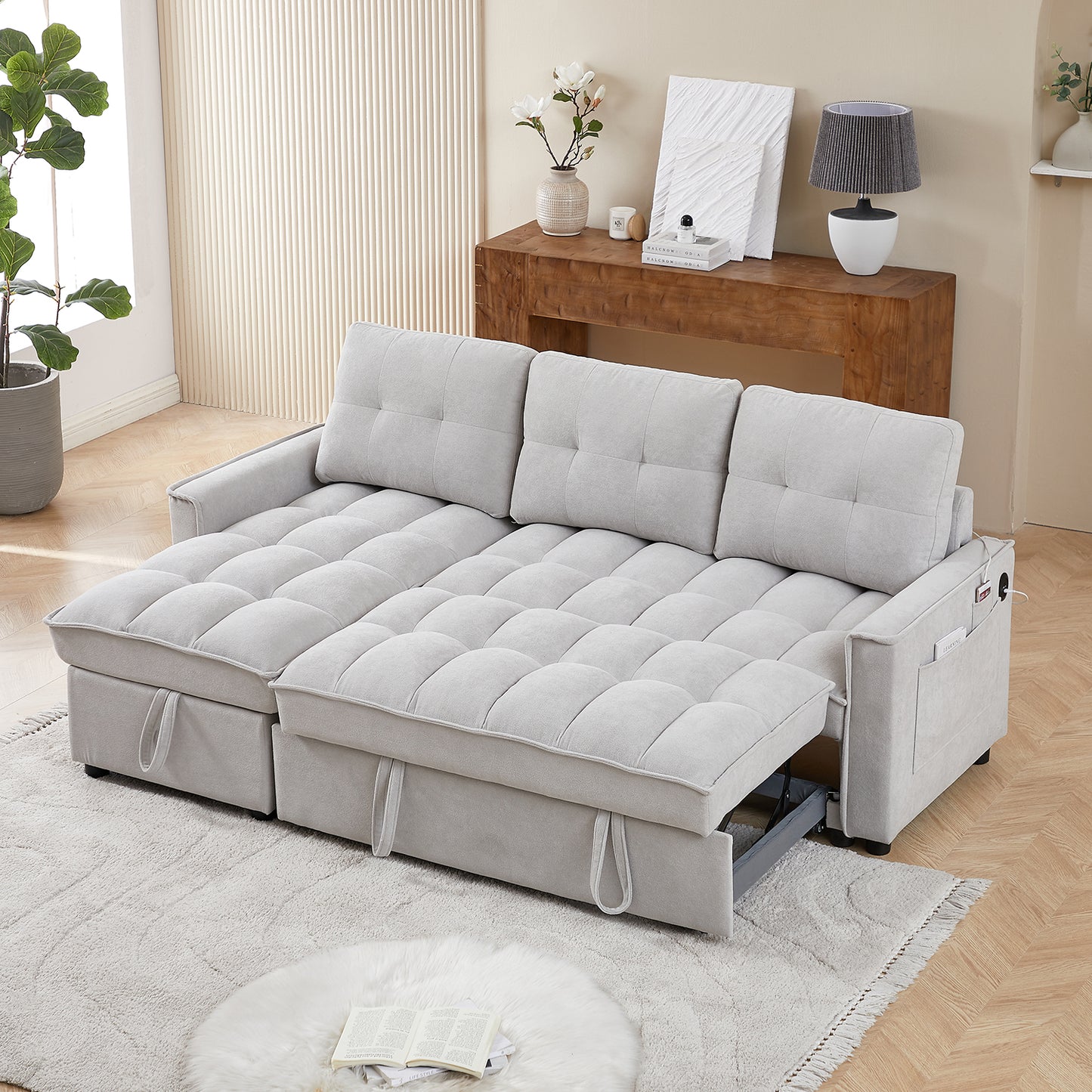 Pull-Out Sofa Bed with USB and tape-c charging ports, L-Shaped Sectional Sofa with Reclining Storage and Arm Side Organizer Pocket Features
