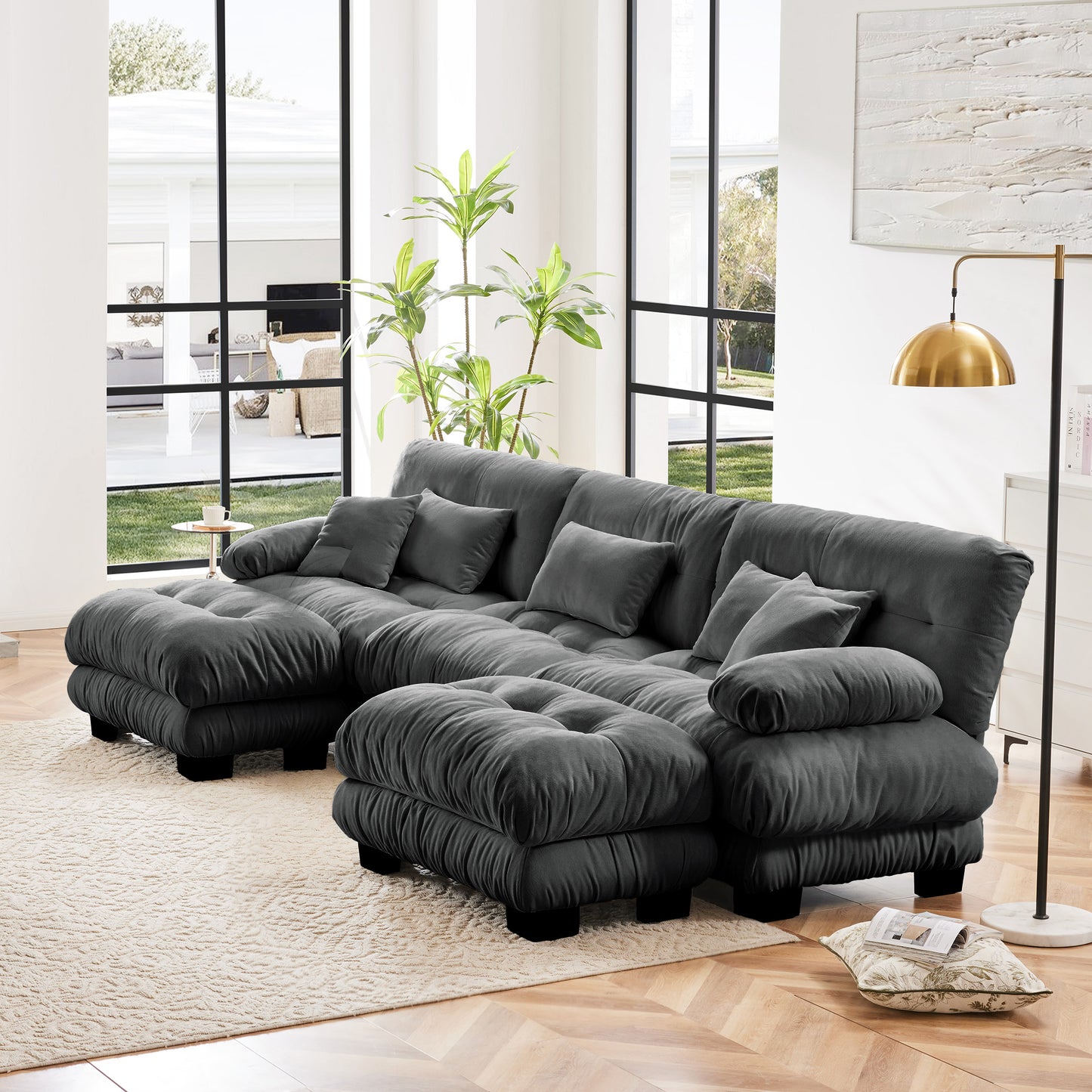 Chenille Cloud Couch: 2 - 4 Seater L - Shape Sofa for Living Room with Pillows