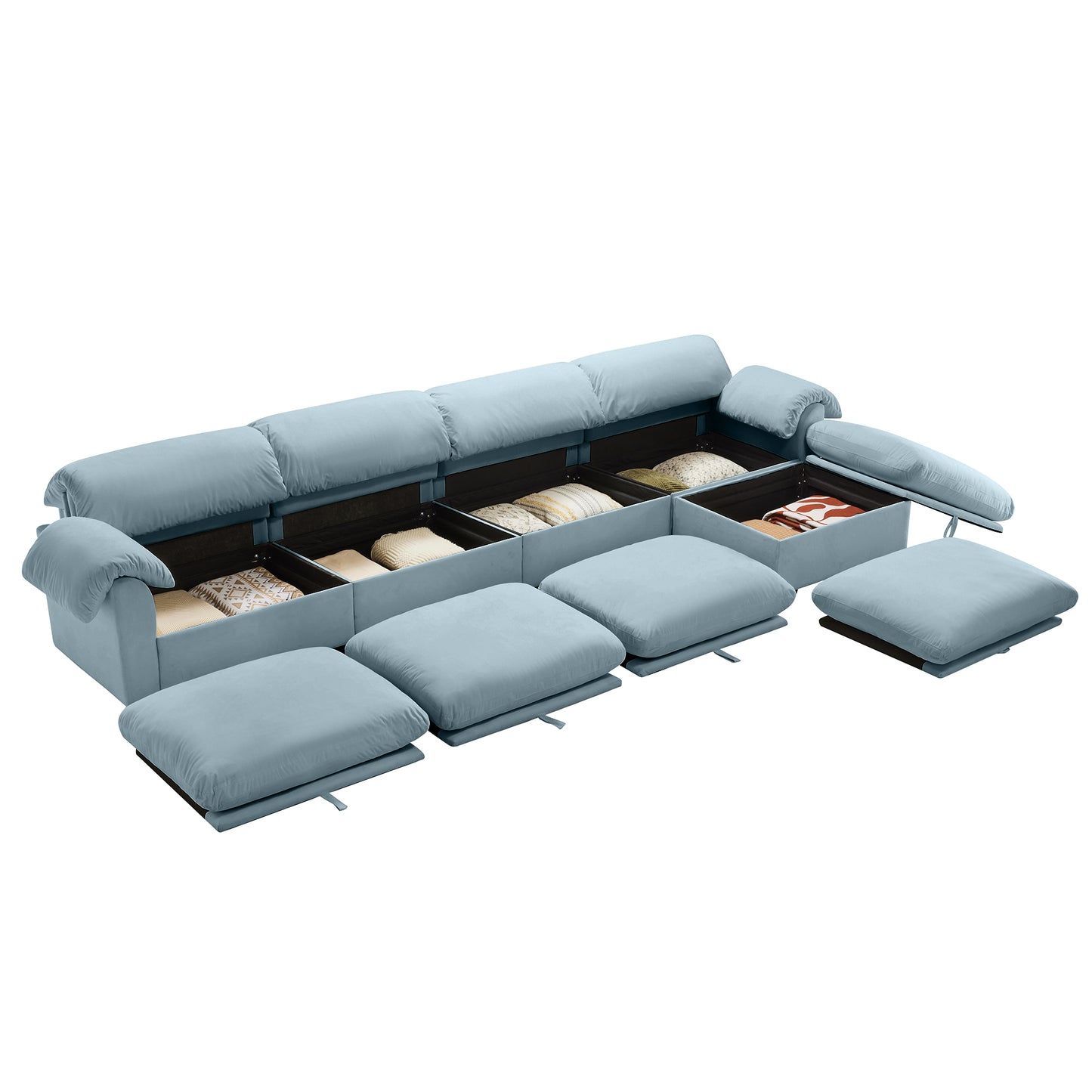 3 - 4 Seater Modular Sofa: U/L - Shape, Storage Ottomans, Velvet 2 Color