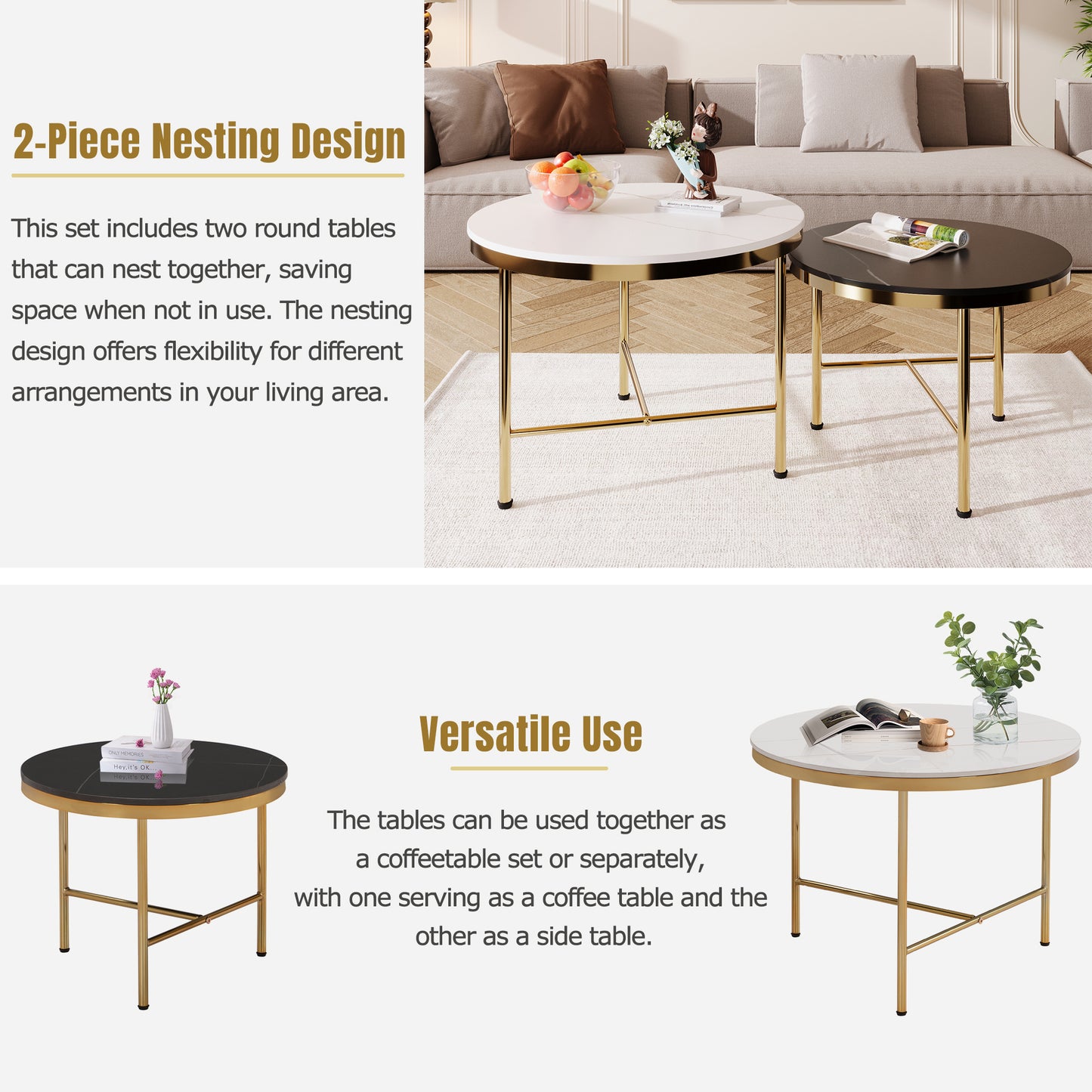 Black & White Sintered Stone Top Coffee Tables: Modern, Gold - Based Nesting Set