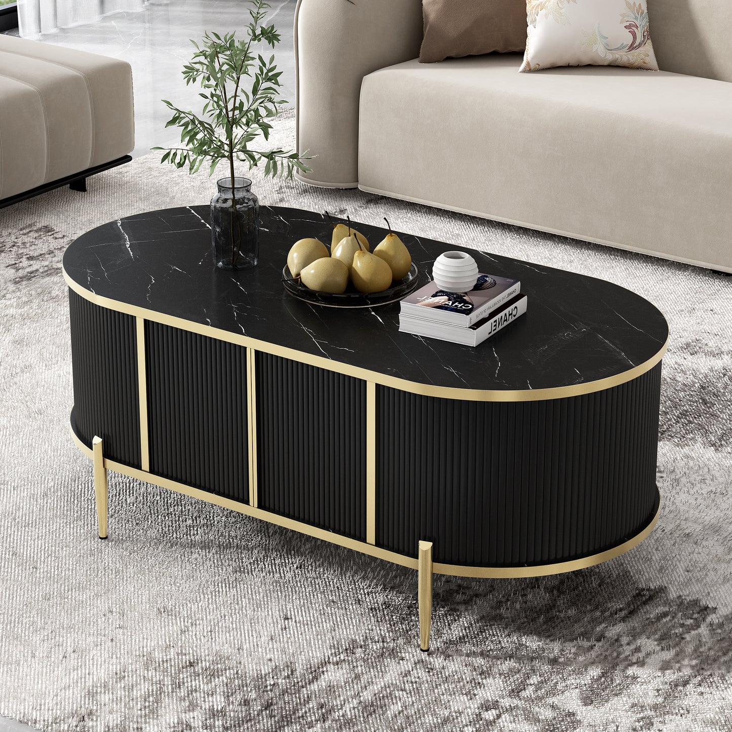 Modern Luxury Living Room Coffee Table: Oval Fluted, Marble - Patterned Top
