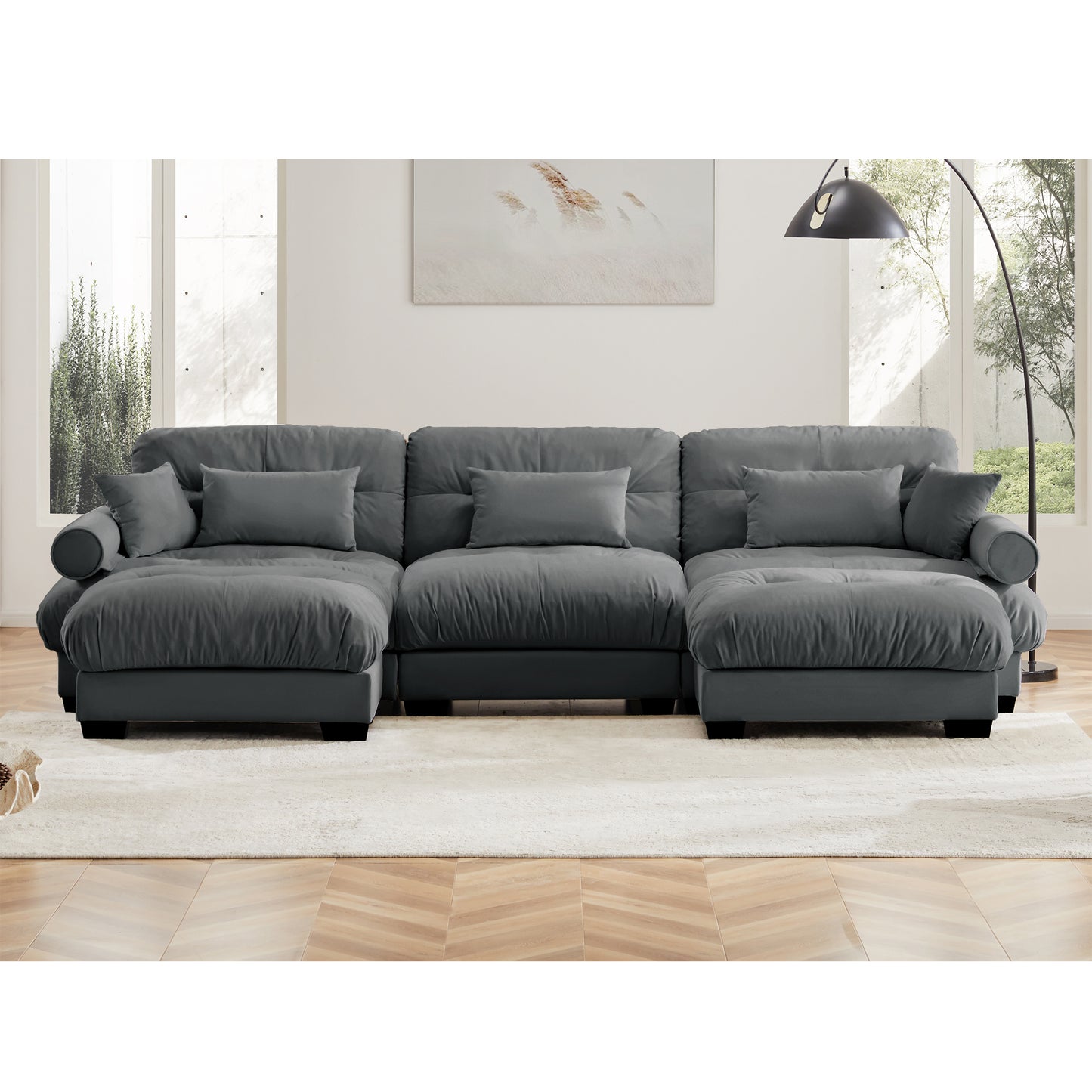 Deep Seat Cloud Couch Modular Velvet Sectional Sofa Couch with Movable Ottoman,Corner Sectional with Bolstered Armrests