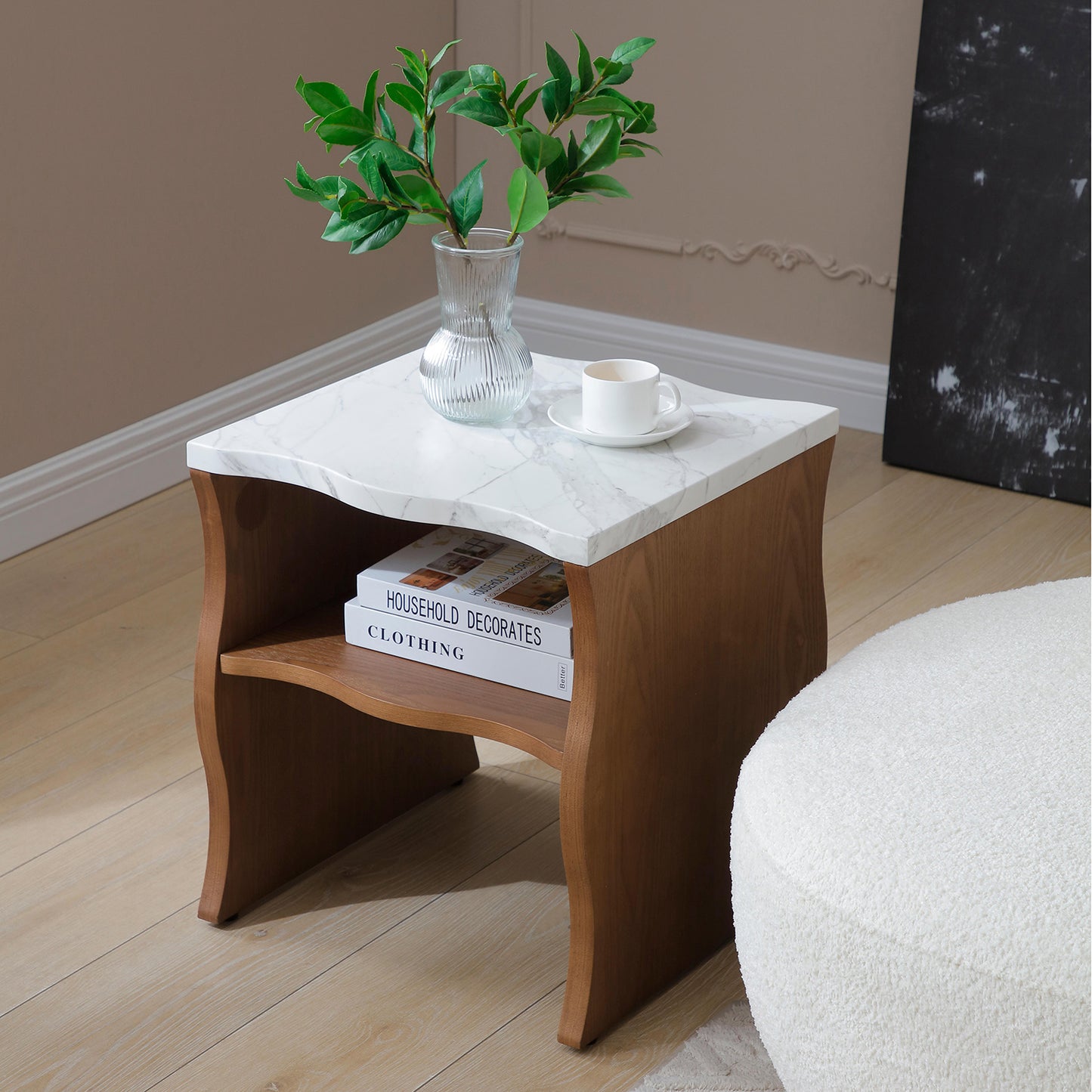 Modern Faux Marble Coffee Table  End Table Set | White Marble Top, Solid Wood Veneered Base – Flowing Wave Design, Natural/Walnut