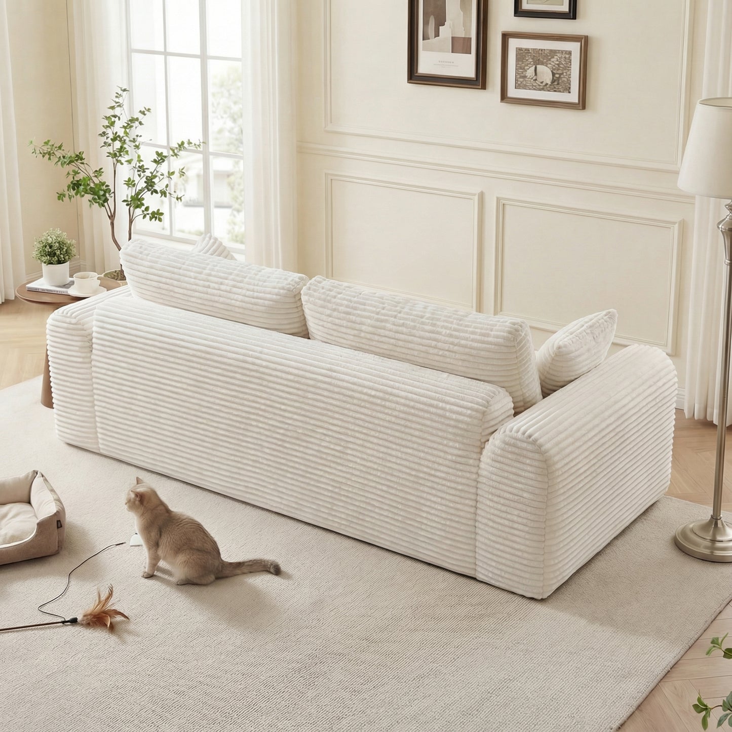 3-Seater Corduroy Boneless Couch with 2 Pillows | No Assembly, Vacuum-Sealed Sofa-in-a-Box for Living Room – Beige/Black