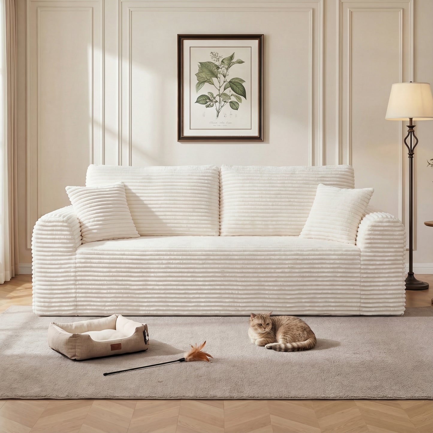 3-Seater Corduroy Boneless Couch with 2 Pillows | No Assembly, Vacuum-Sealed Sofa-in-a-Box for Living Room – Beige/Black
