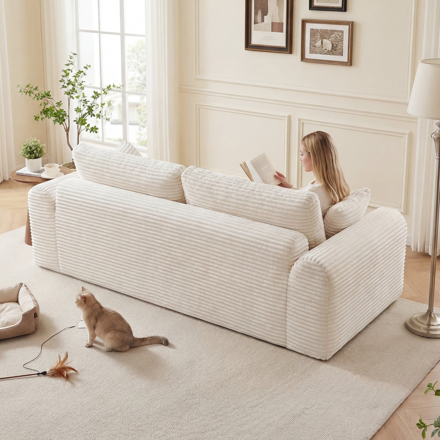 3-Seater Corduroy Boneless Couch with 2 Pillows | No Assembly, Vacuum-Sealed Sofa-in-a-Box for Living Room – Beige/Black