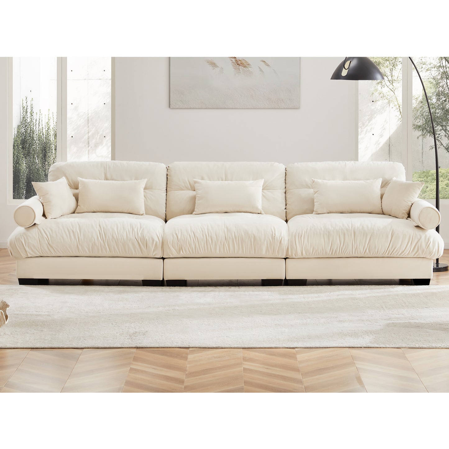 Deep Seat Cloud Couch in Cream: Modular Velvet Sectional with Bolstered Armrests 2-3-4 seats
