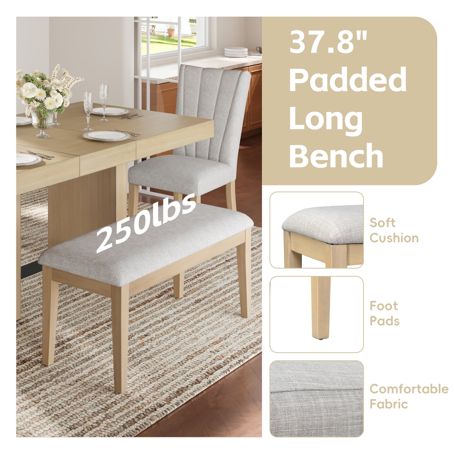 Extendable Wood Dining Table Set for 6, Kitchen Table Set with Bench and 4 Upholstered Chairs