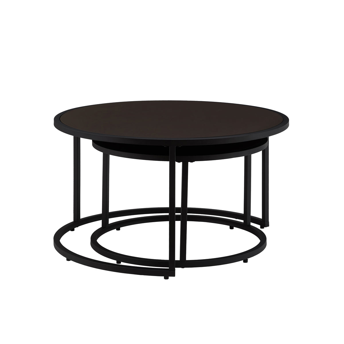 Modern Faux Leather Nesting Round Coffee Table with Black Metal Base – Accent Tea Table for Living Room