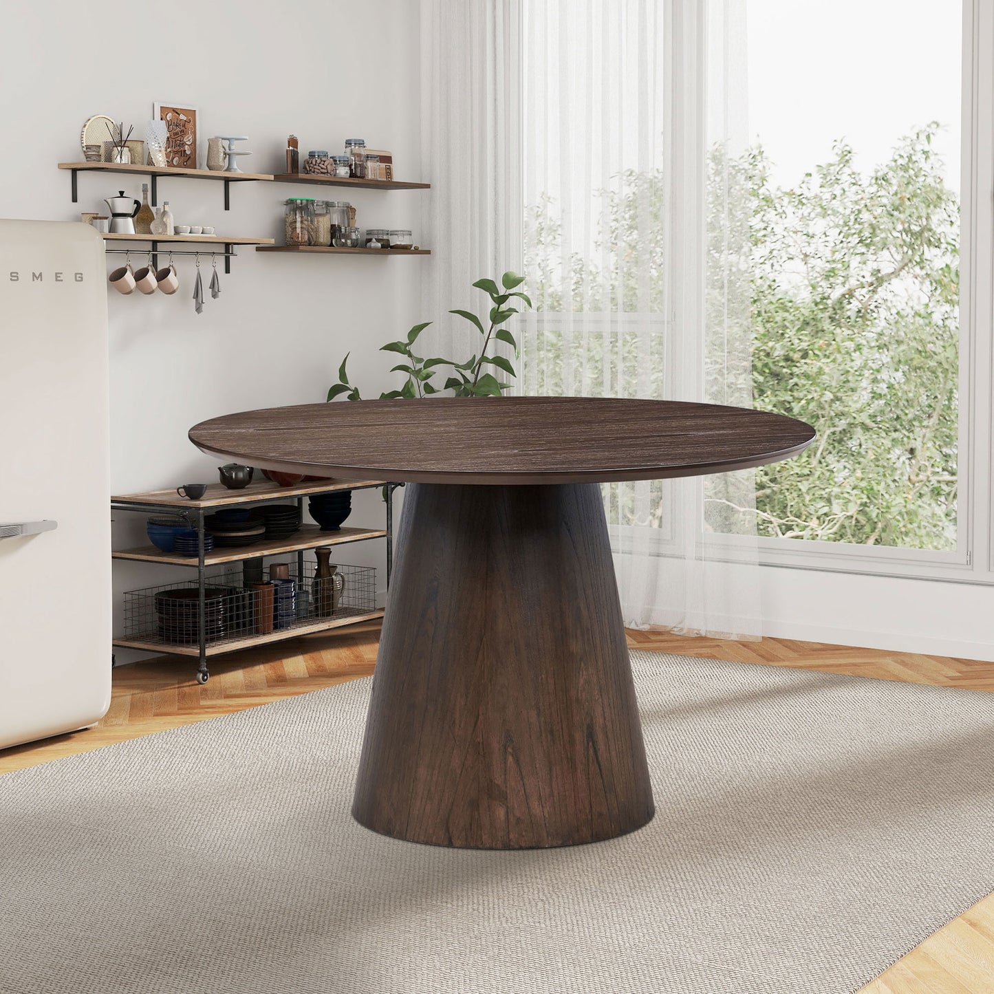 Modern Round MDF Wooden Dining Table and Boucle Upholstered Chair Ensemble