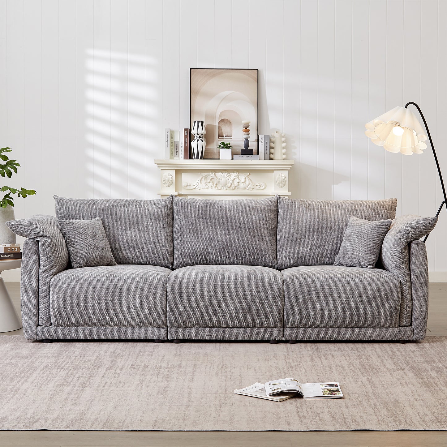 3-seater sofa with unique design and soft arm pillows Contemporary style linen sofa with 3 comfortable cushions with 2 pillows