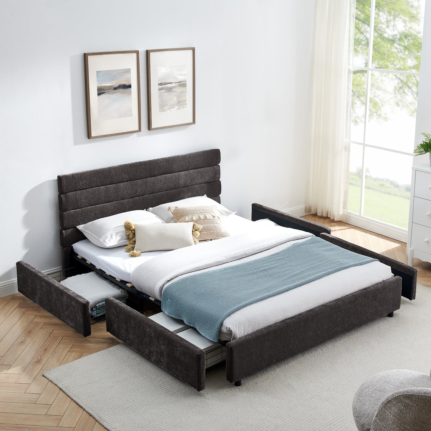 Comfortable Cushioned Bed Frame with Drawers: Headboard & Solid Build 3Colors