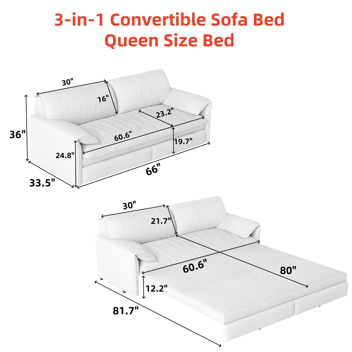 66" Queen Pull - Out Sofa Bed: 3 - in - 1 Convertible with Side Storage for Living
