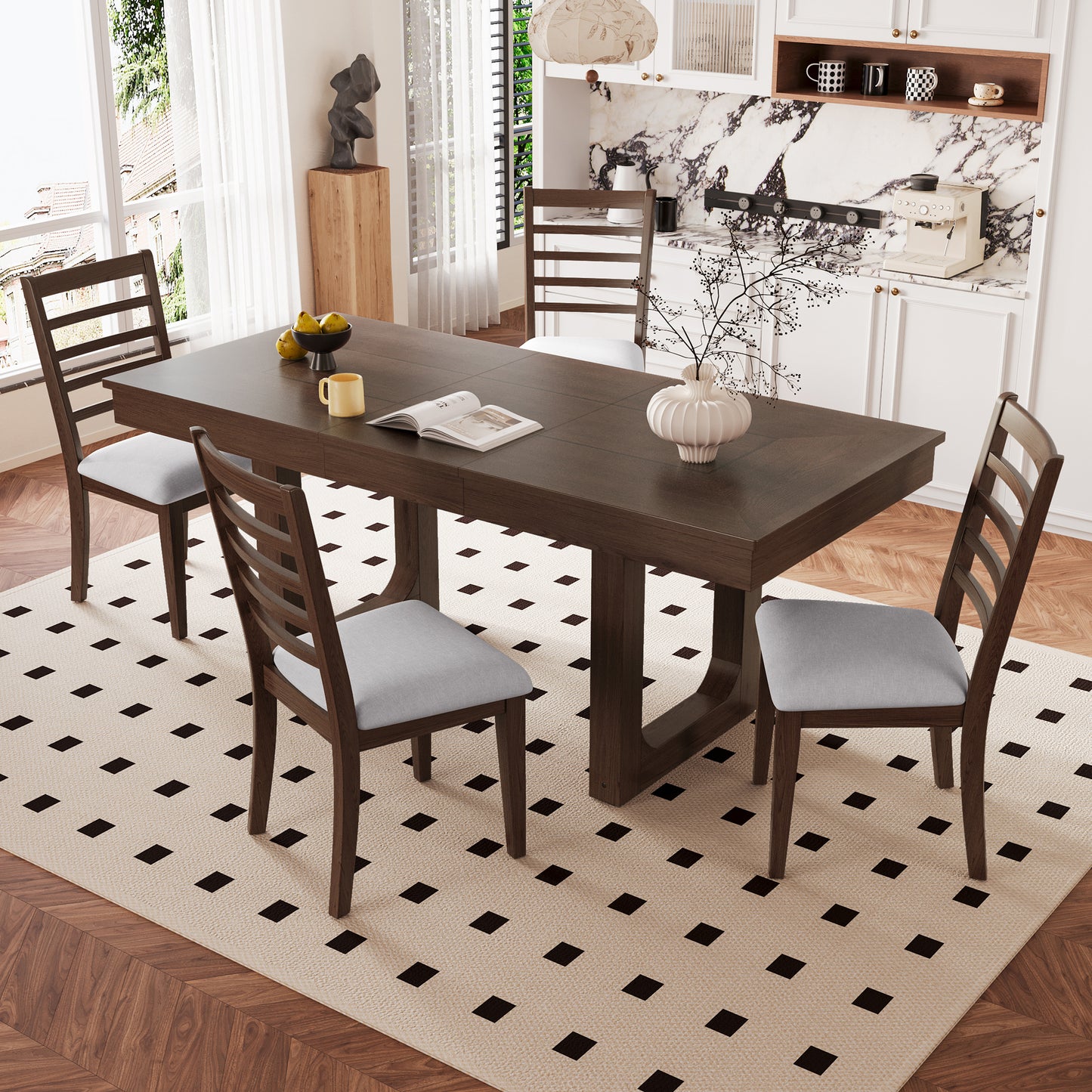 Extendable Farmhouse Wooden Kitchen Table: Removable Leaf, Seats 4 - 8