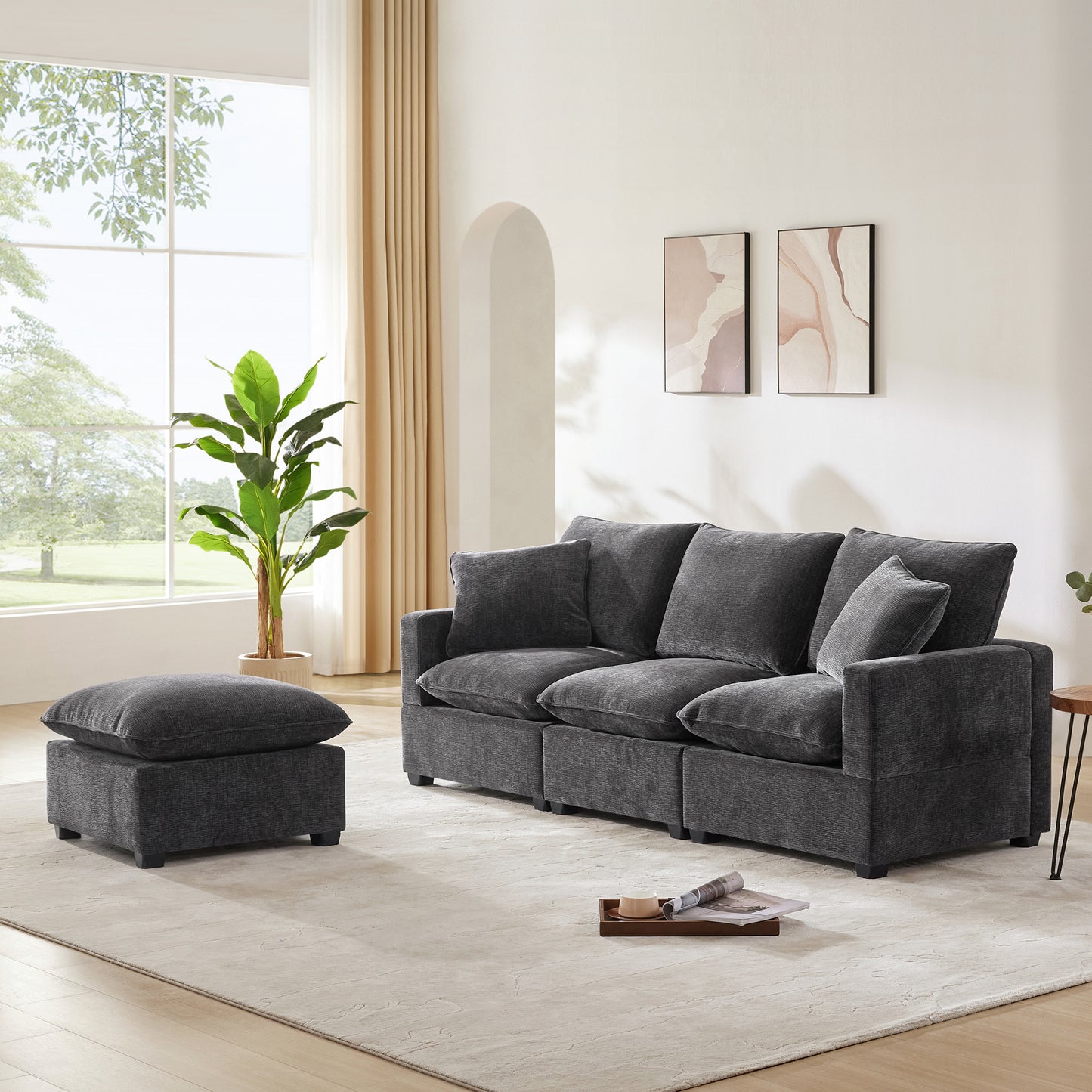 4-7 Seat Chenille Sectional Couch Set with 2 Pillows