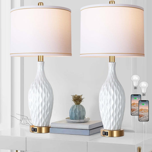 Set of 2 White Table Lamps - 3-Way Dimmable, USB Ports for Bedroom & Living Room