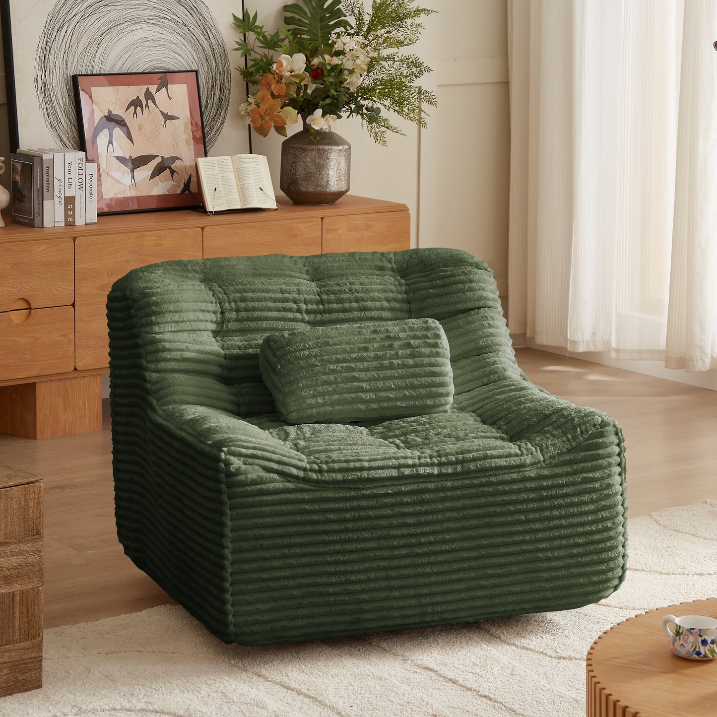 Swivel Glider Chair with switchable head pillow and waist pillow 360-degree rotatable single-person sofa chair