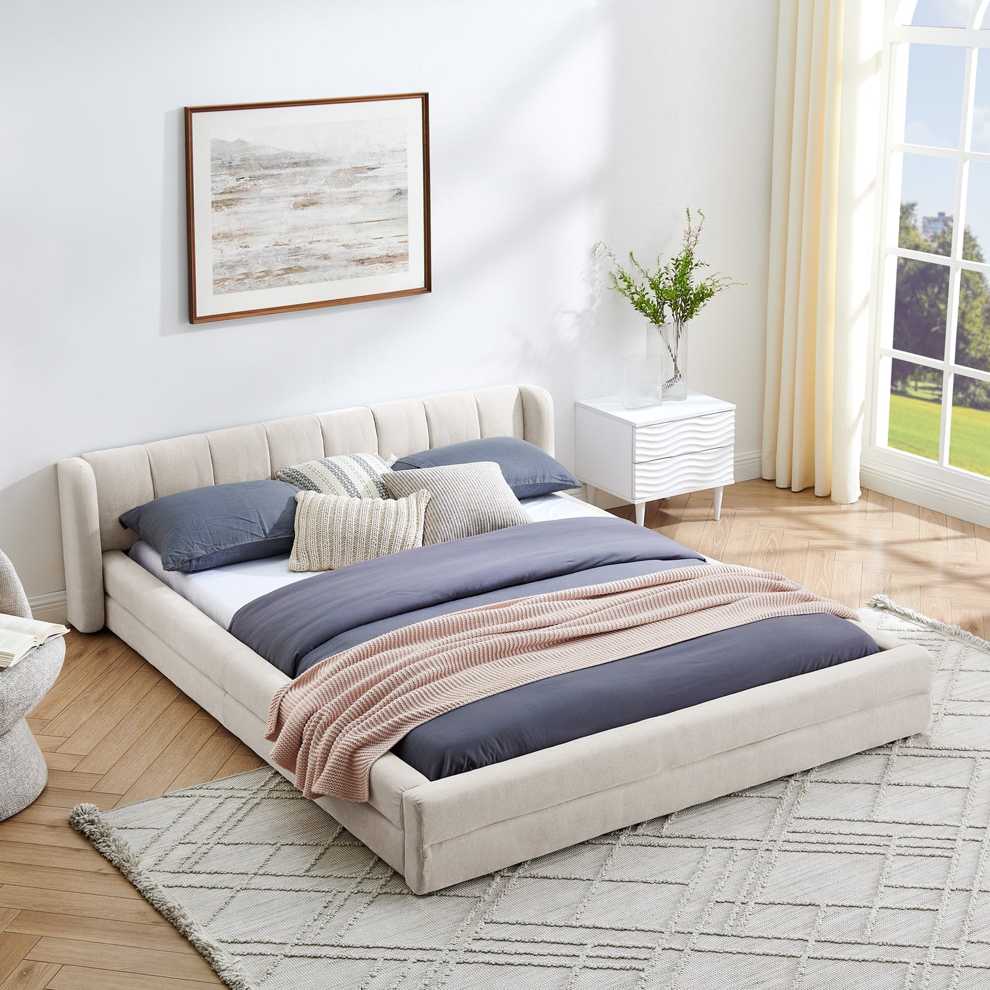 Queen Size Upholstered Bed Frame: Thick Chenille Fabric, Headboard & Solid Frame 3 Color