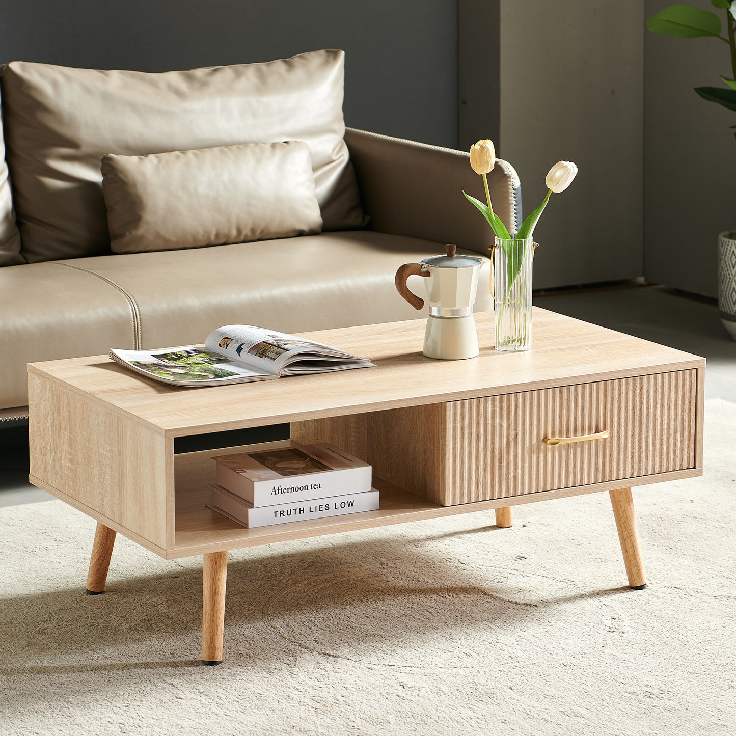 Coffee Table with Sliding Drawer: Rectangle Design, Solid Wood Legs-6 Colors