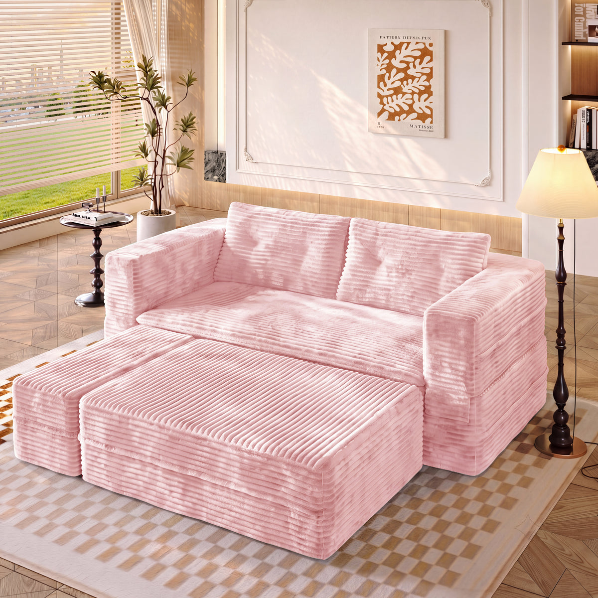 King Size Sleeper Sofa Bed – Plush Corduroy Deep Seat Couch with Independent Chaise &amp; Convertible Blanket