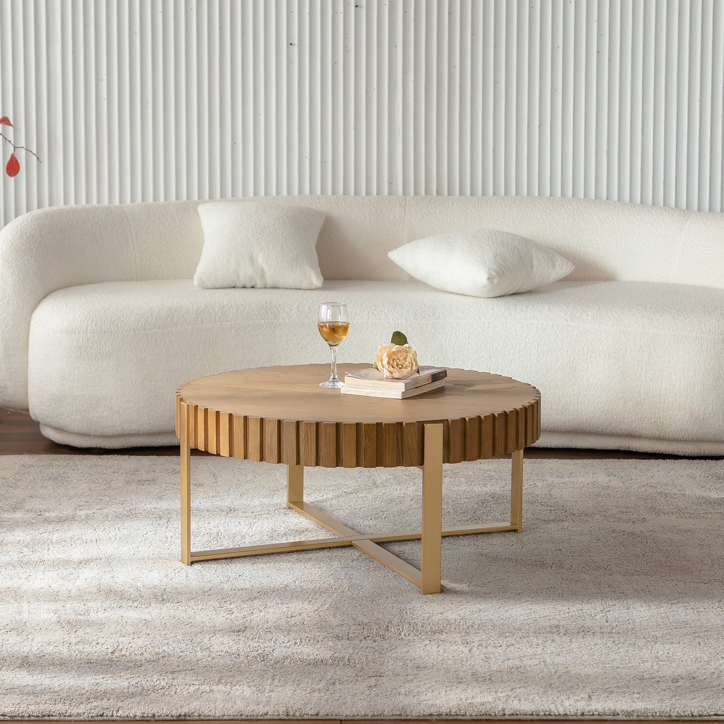 Round Coffee Table Handcrafted Relief Sturdy Pedestal Wooden Olive-Shaped Tea Table for Living Room