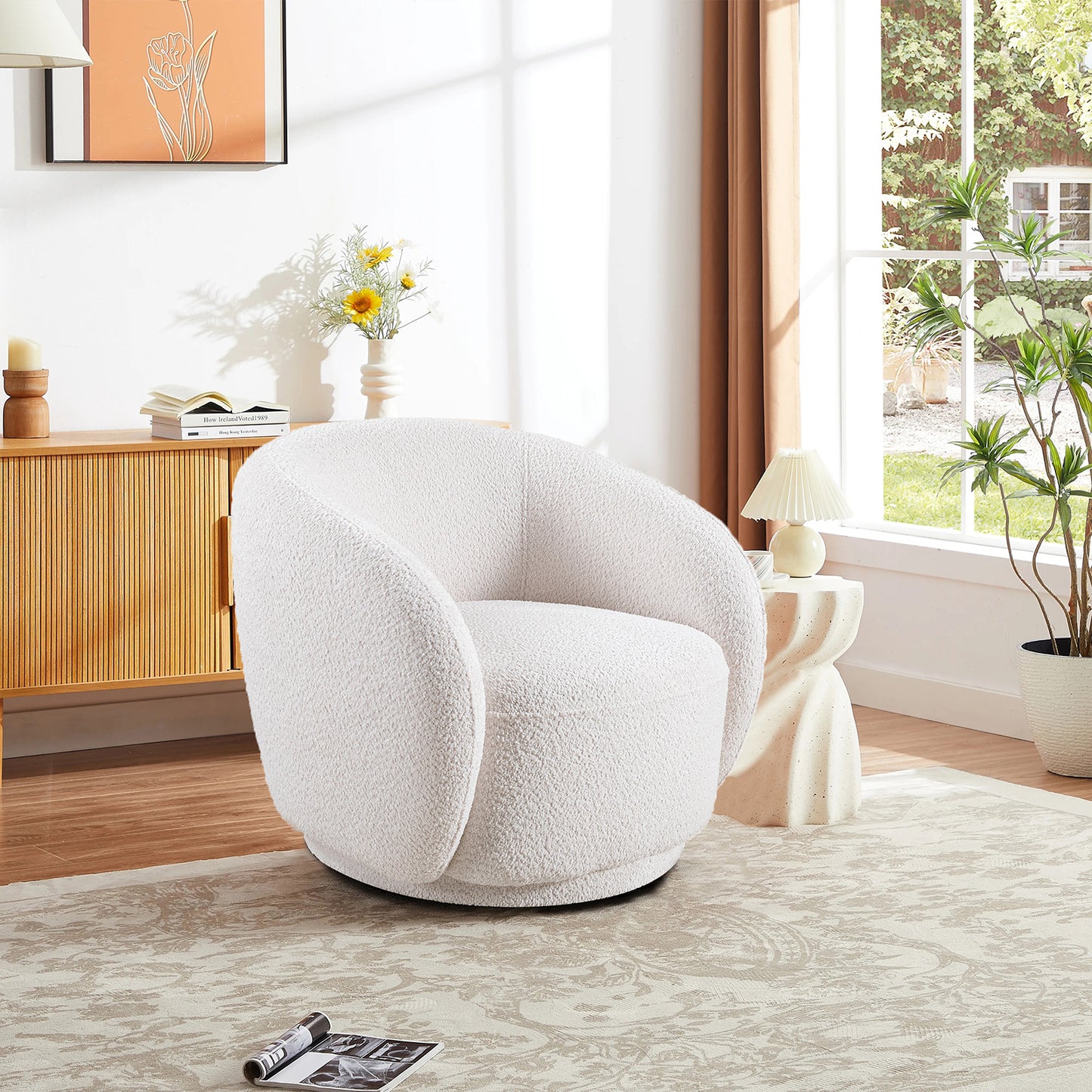 Swivel Accent Chair: Boucle Fabric Upholstered Barrel Chair for Living Room