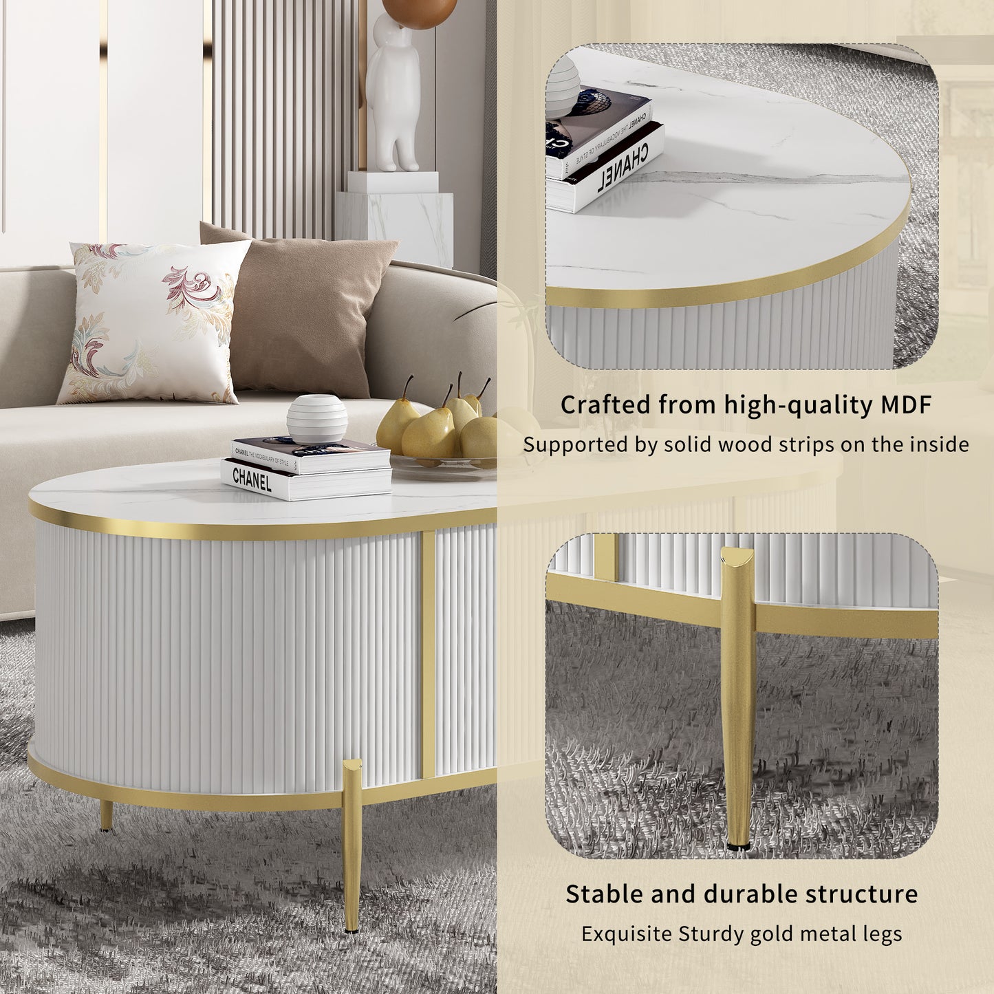 Modern Luxury Living Room Coffee Table: Oval Fluted, Marble - Patterned Top