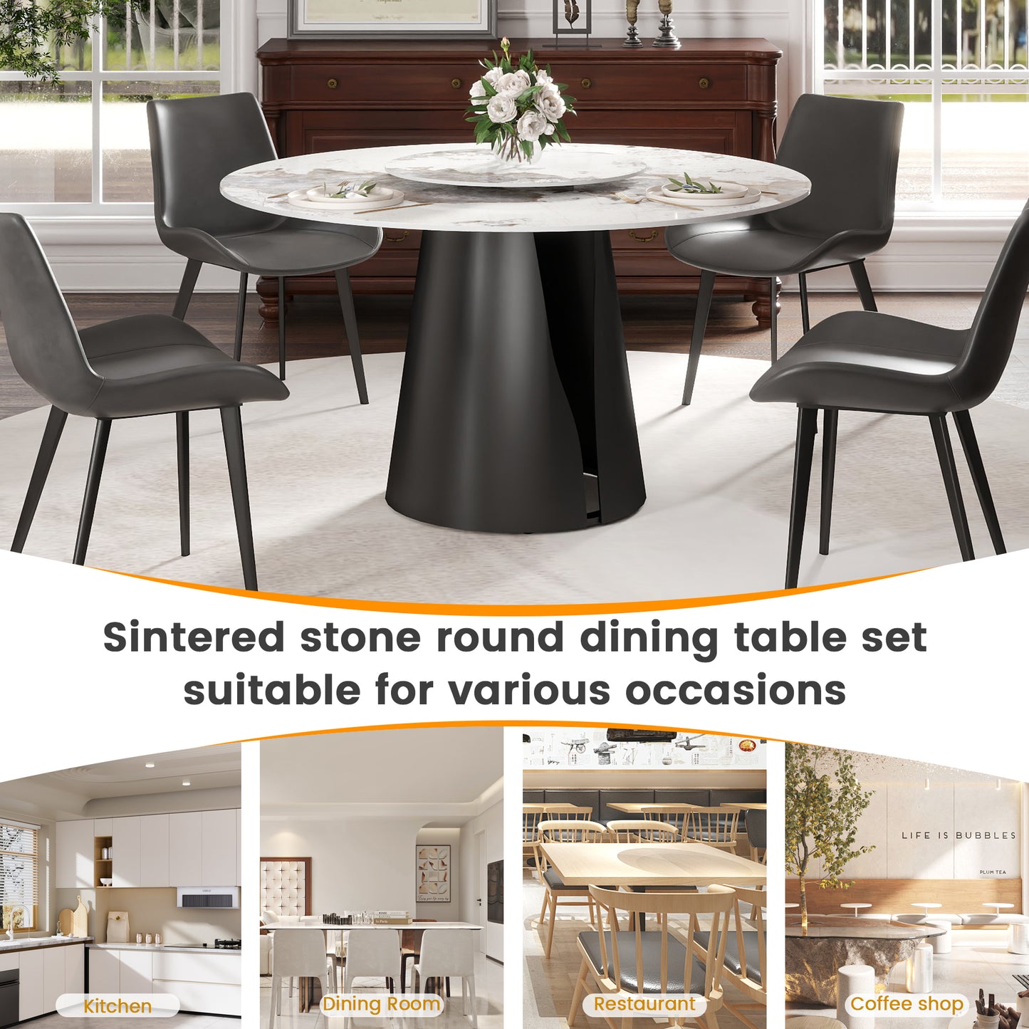 53-Inch Round Marble Top Dining Table(Dining Table Only)