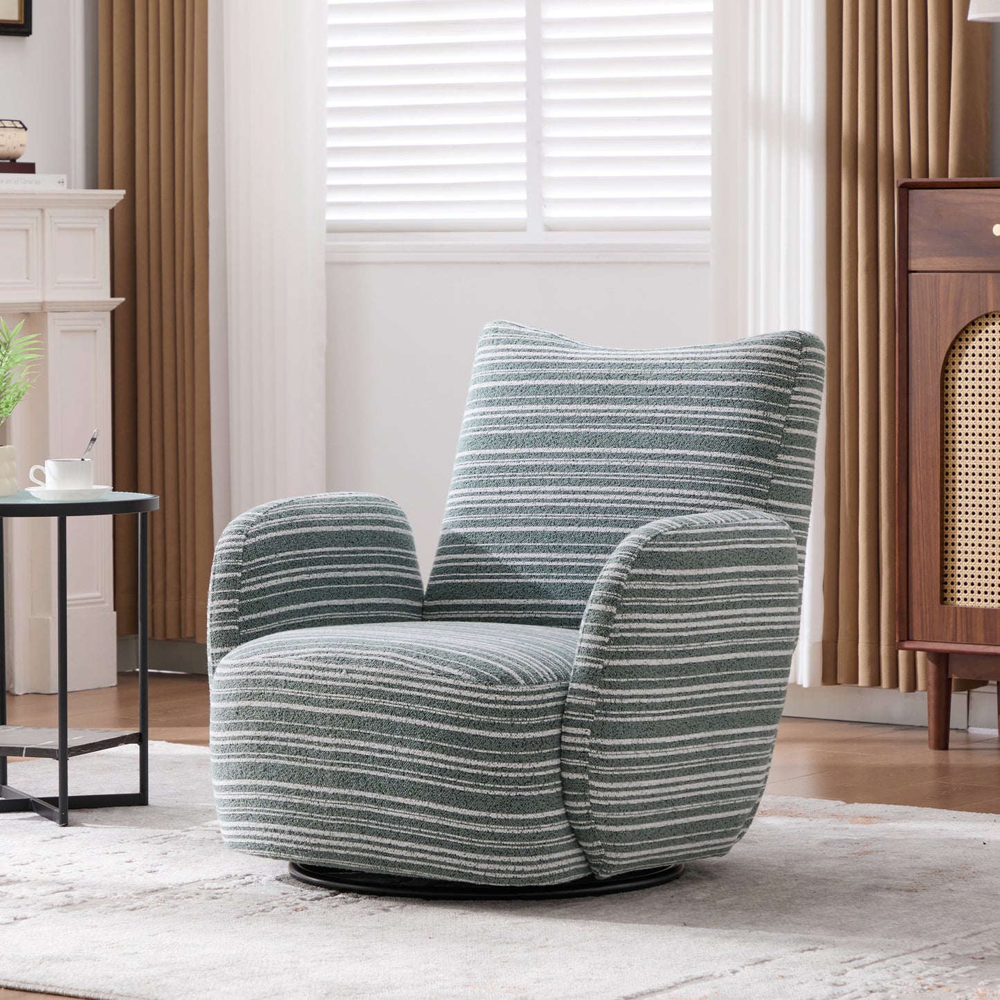 Swivel Leisure Chair | Fabric Striped Armrest Swivel Chair with Sand-Rimmed Fabric Metal Bracket – Boucle