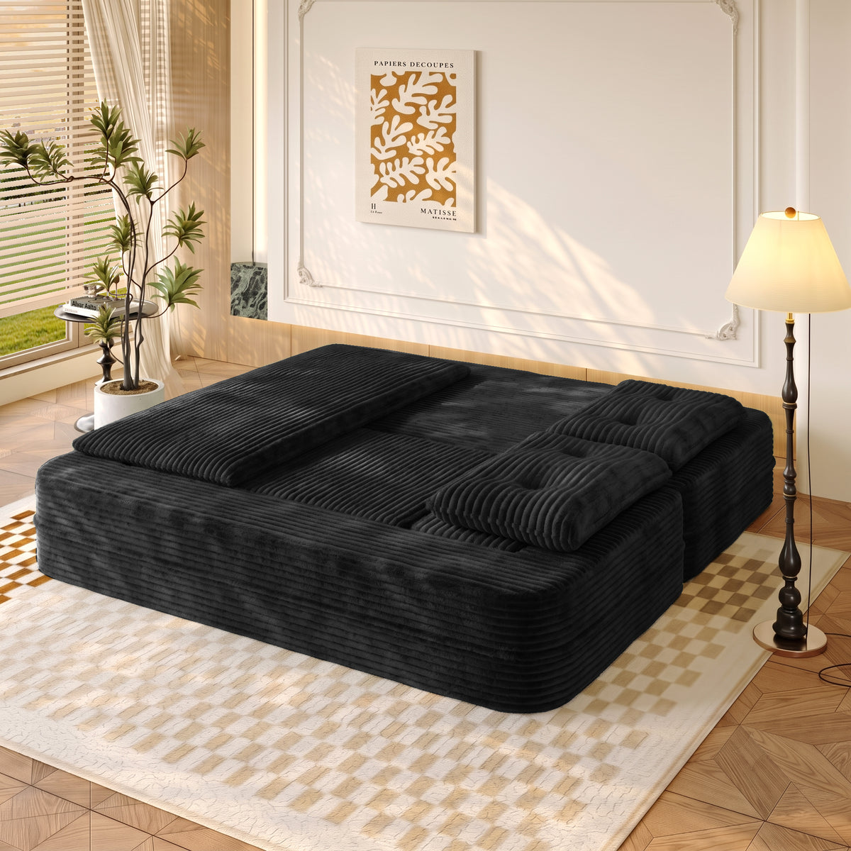 King Size Sleeper Sofa Bed – Plush Corduroy Deep Seat Couch with Independent Chaise &amp; Convertible Blanket