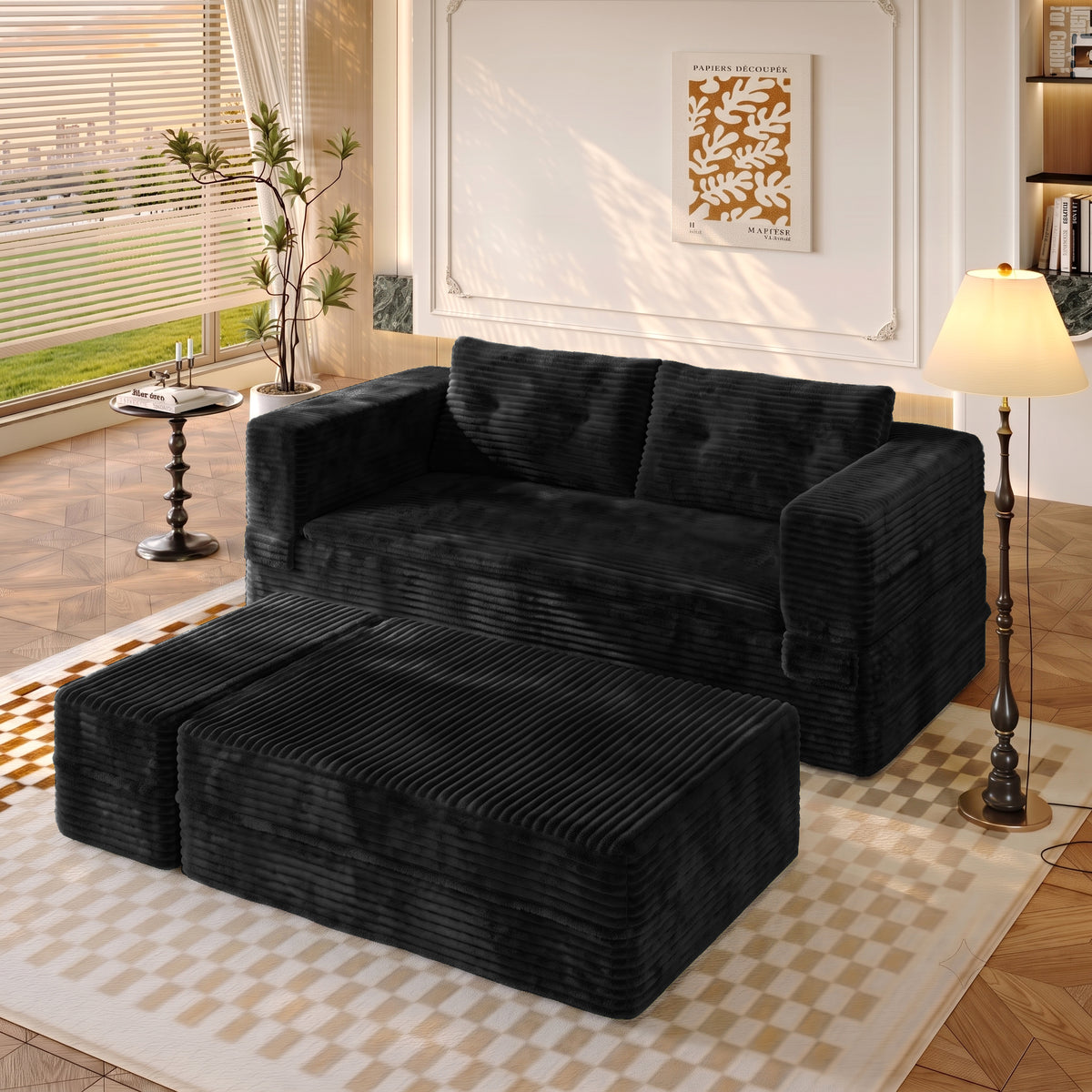 King Size Sleeper Sofa Bed – Plush Corduroy Deep Seat Couch with Independent Chaise &amp; Convertible Blanket